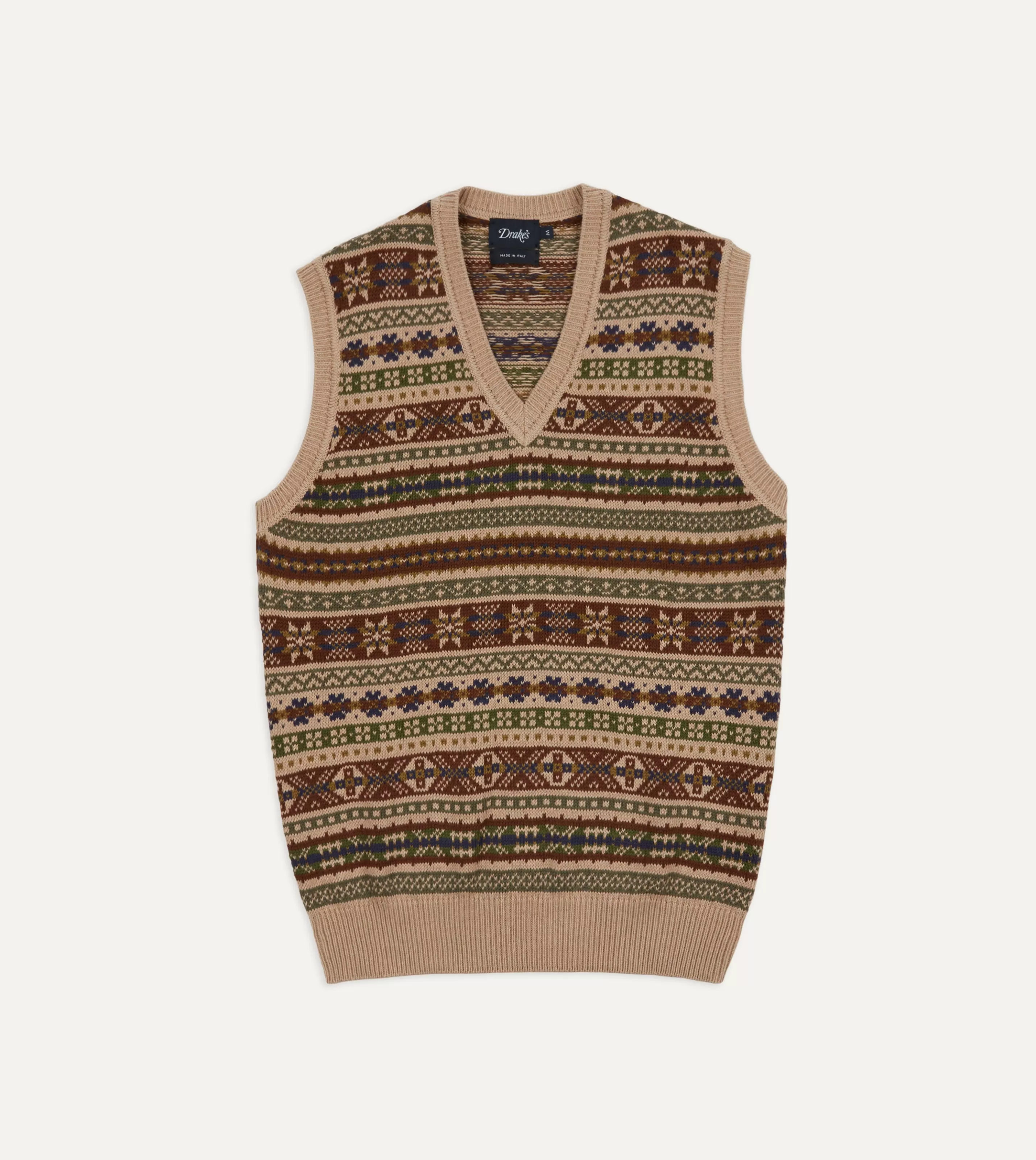 Drake’s Knitwear | Beige Cotton Cashmere Fair Isle Knit Vest