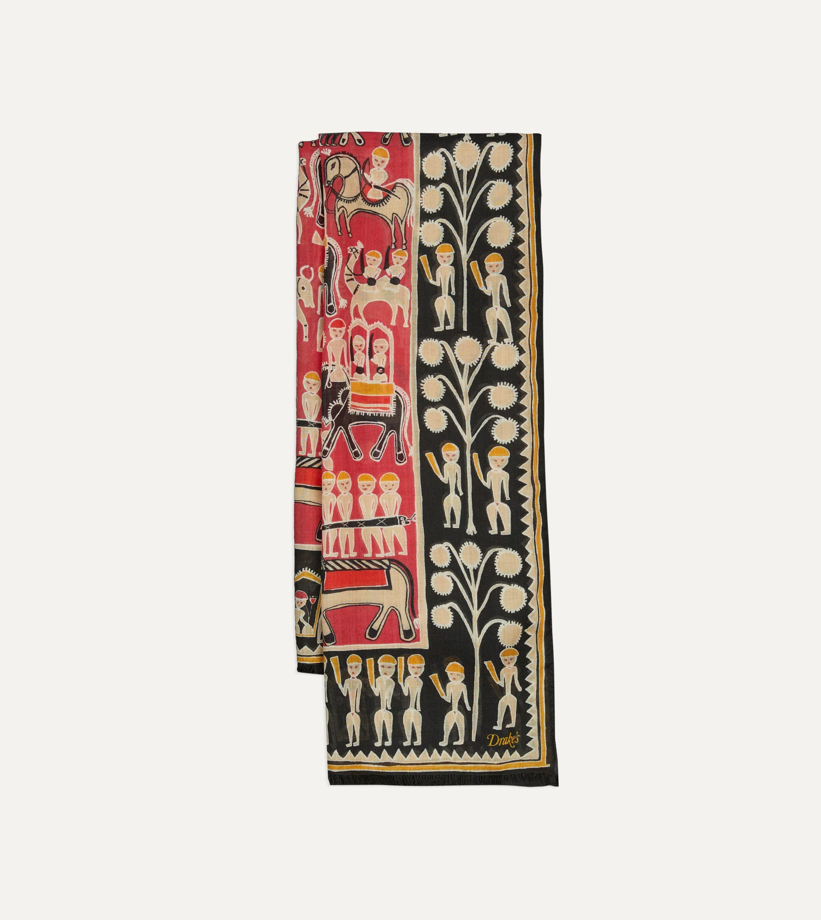 Drake’s Scarves | Black And Red Tribal Elephant Print Wool-Silk Scarf