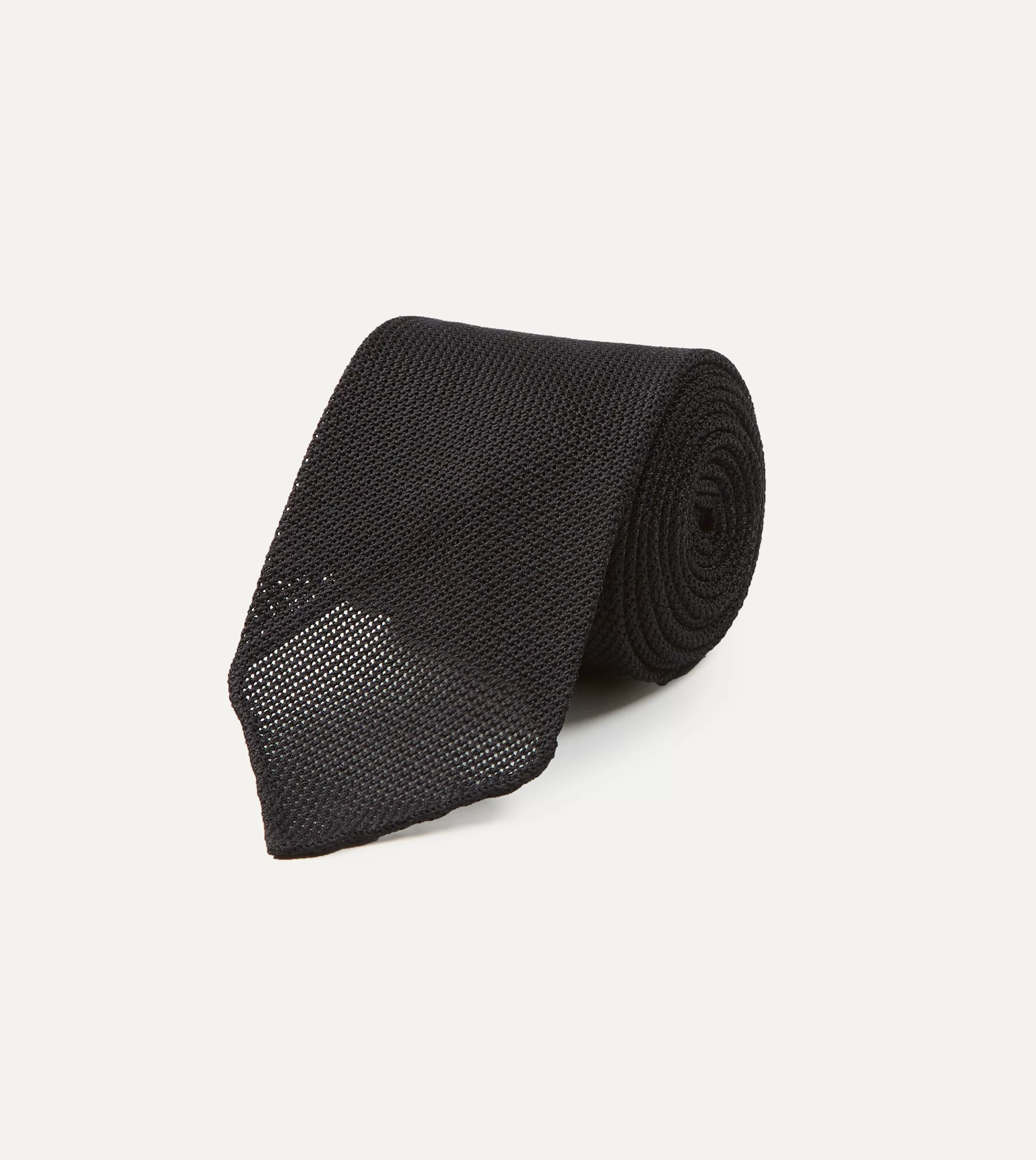 Drake’s Plain Ties | Black Fine Woven Grenadine Silk Hand Rolled Tie