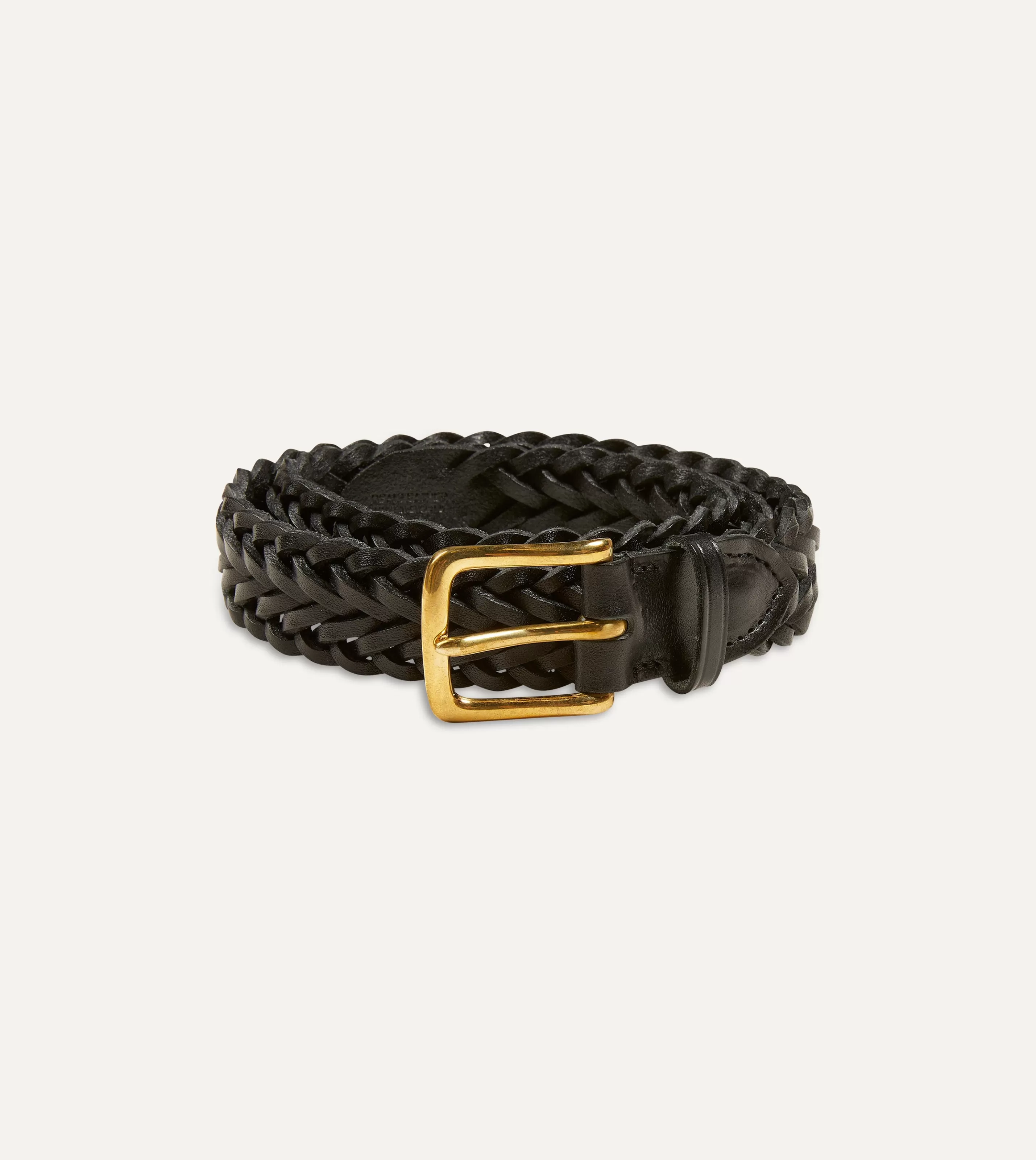 Drake’s Belts | Belts | Black Plaited Bridle Leather Belt With Brass Buckle