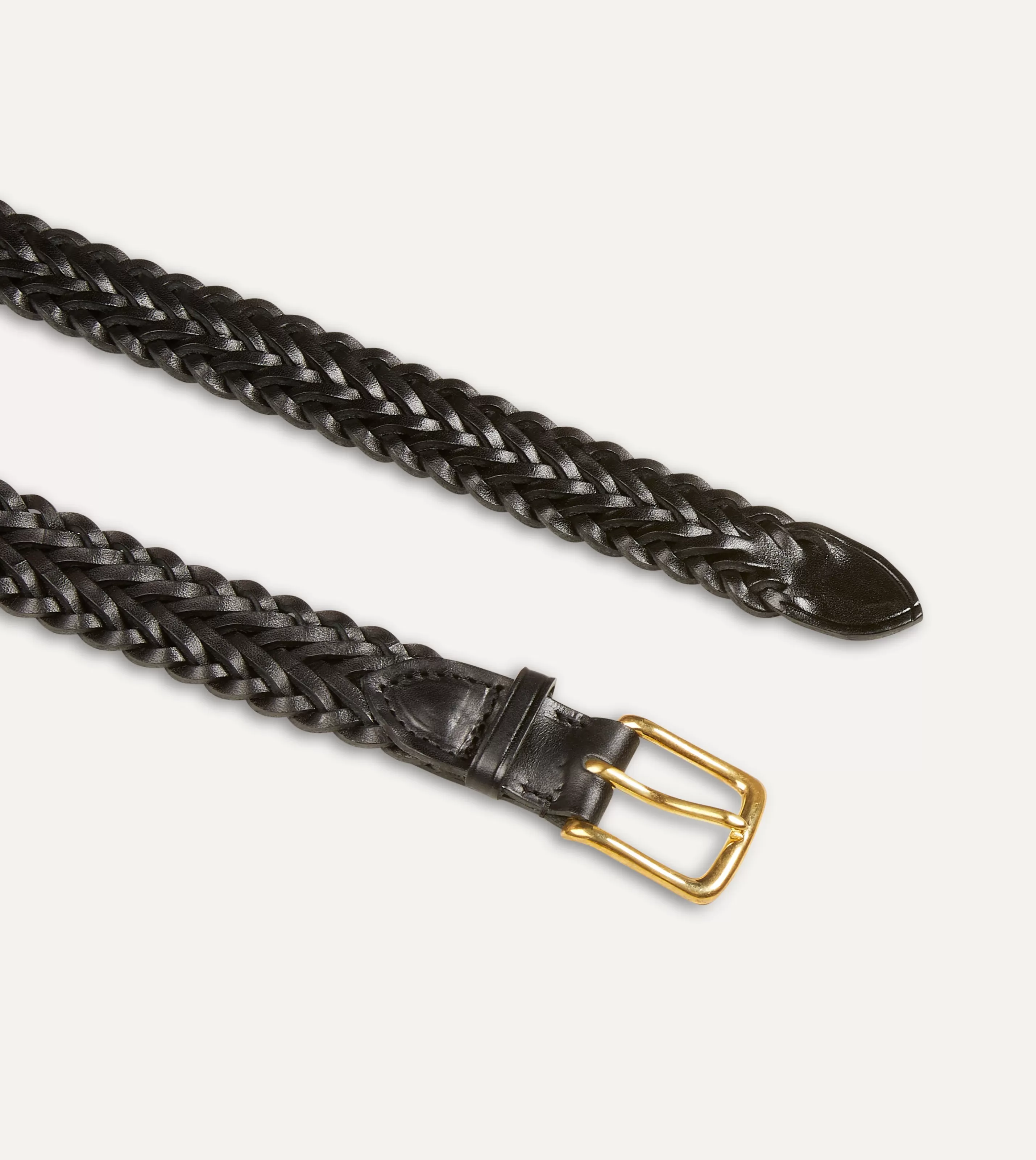 Drake’s Belts | Belts | Black Plaited Bridle Leather Belt With Brass Buckle