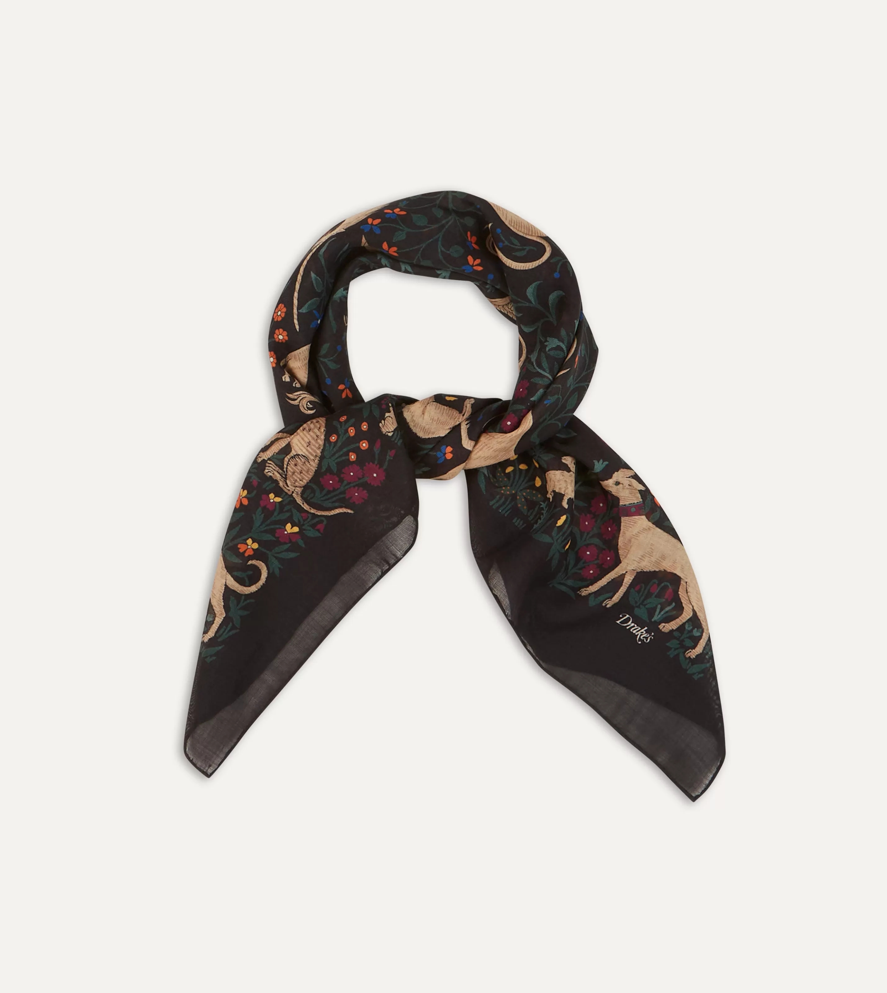 Drake’s Scarves | Scarves | Black Unicorn Print Wool-Silk Square Scarf