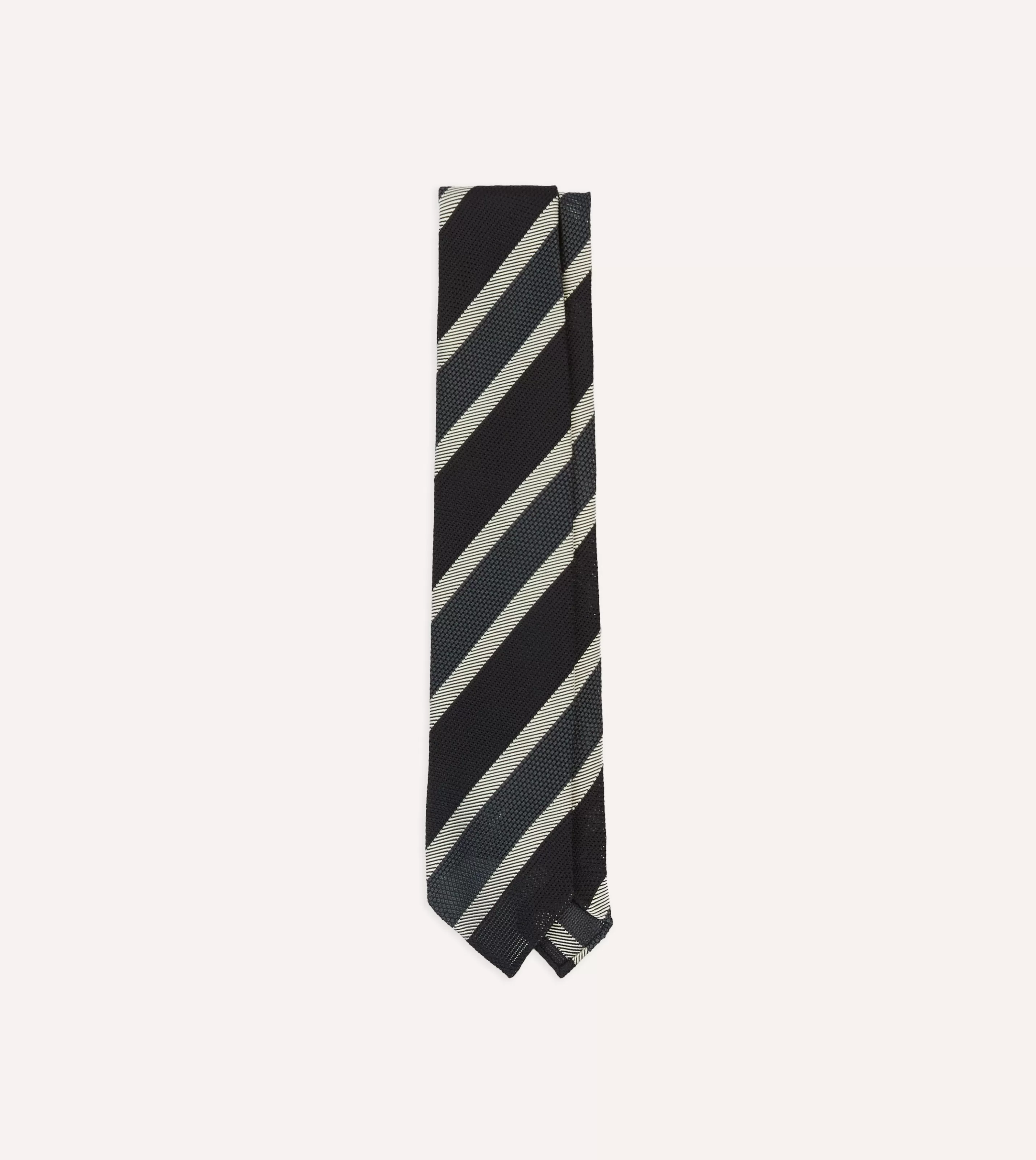 Drake’s Striped Ties | Black, White And Grey Multi Stripe Hand Rolled Silk Grenadine Tie