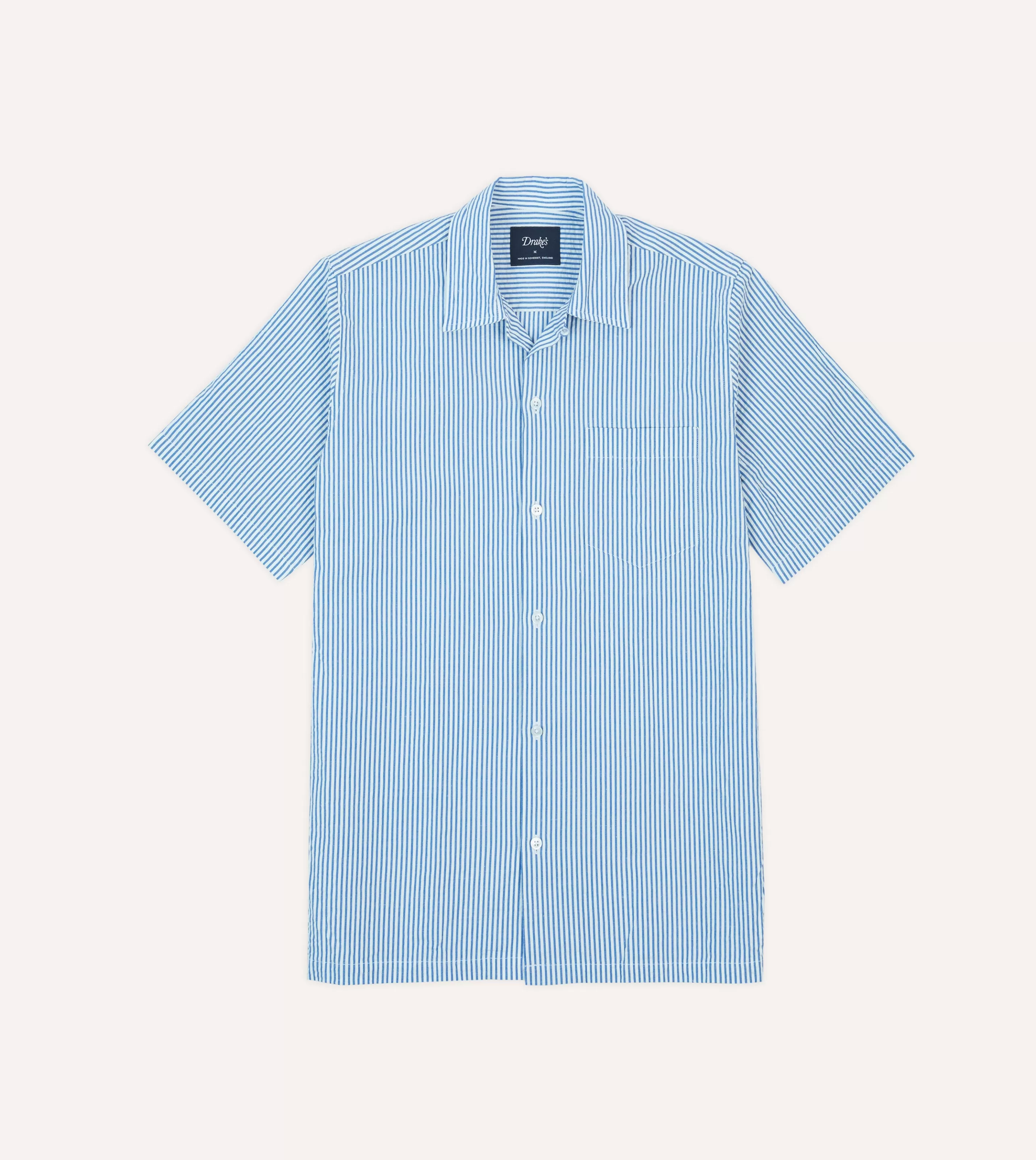 Drake’s Shirts | Short Sleeve Shirts | Blue And White Stripe Cotton-Linen Seersucker Camp Collar Short Sleeve Shirt