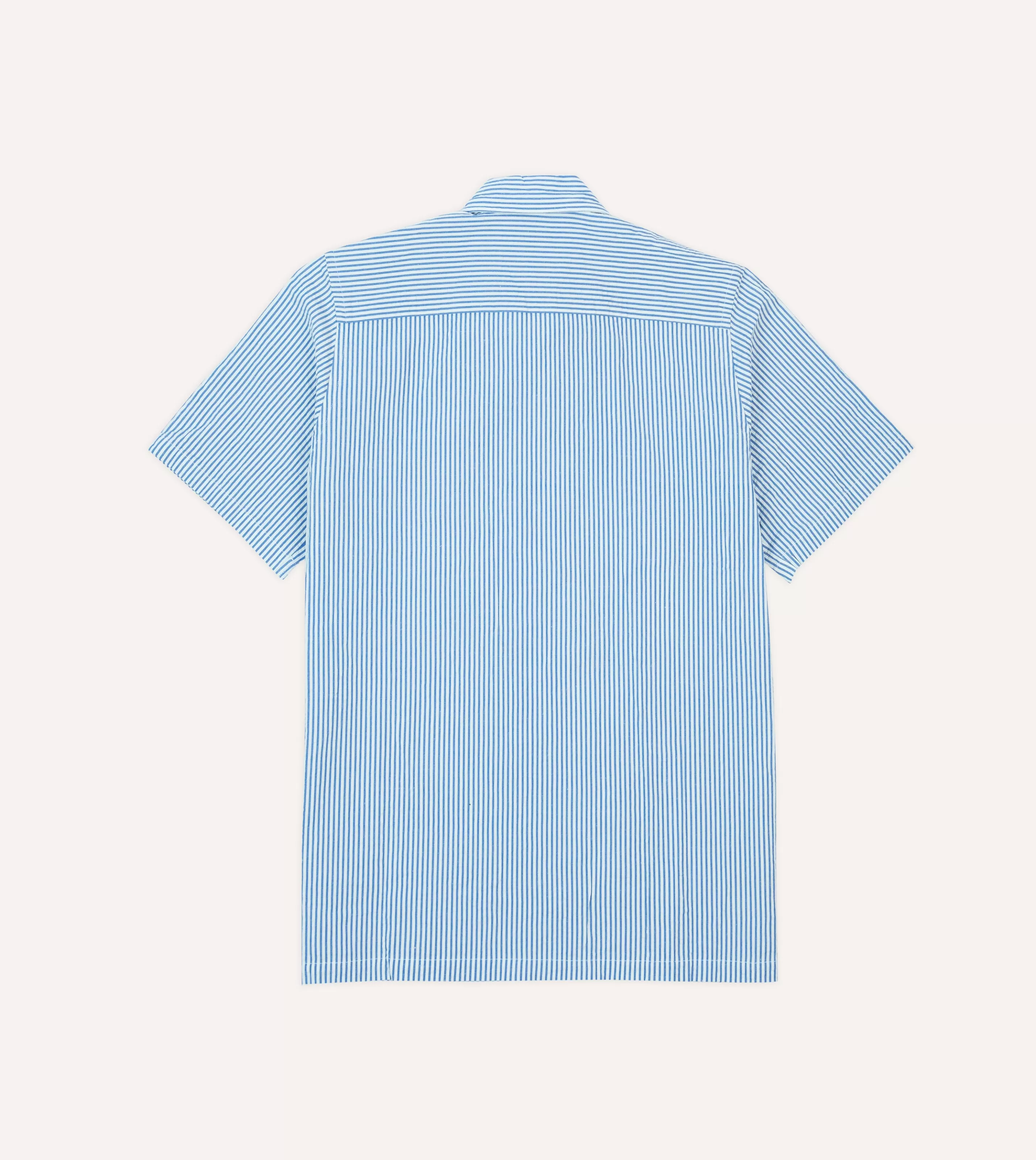 Drake’s Shirts | Short Sleeve Shirts | Blue And White Stripe Cotton-Linen Seersucker Camp Collar Short Sleeve Shirt