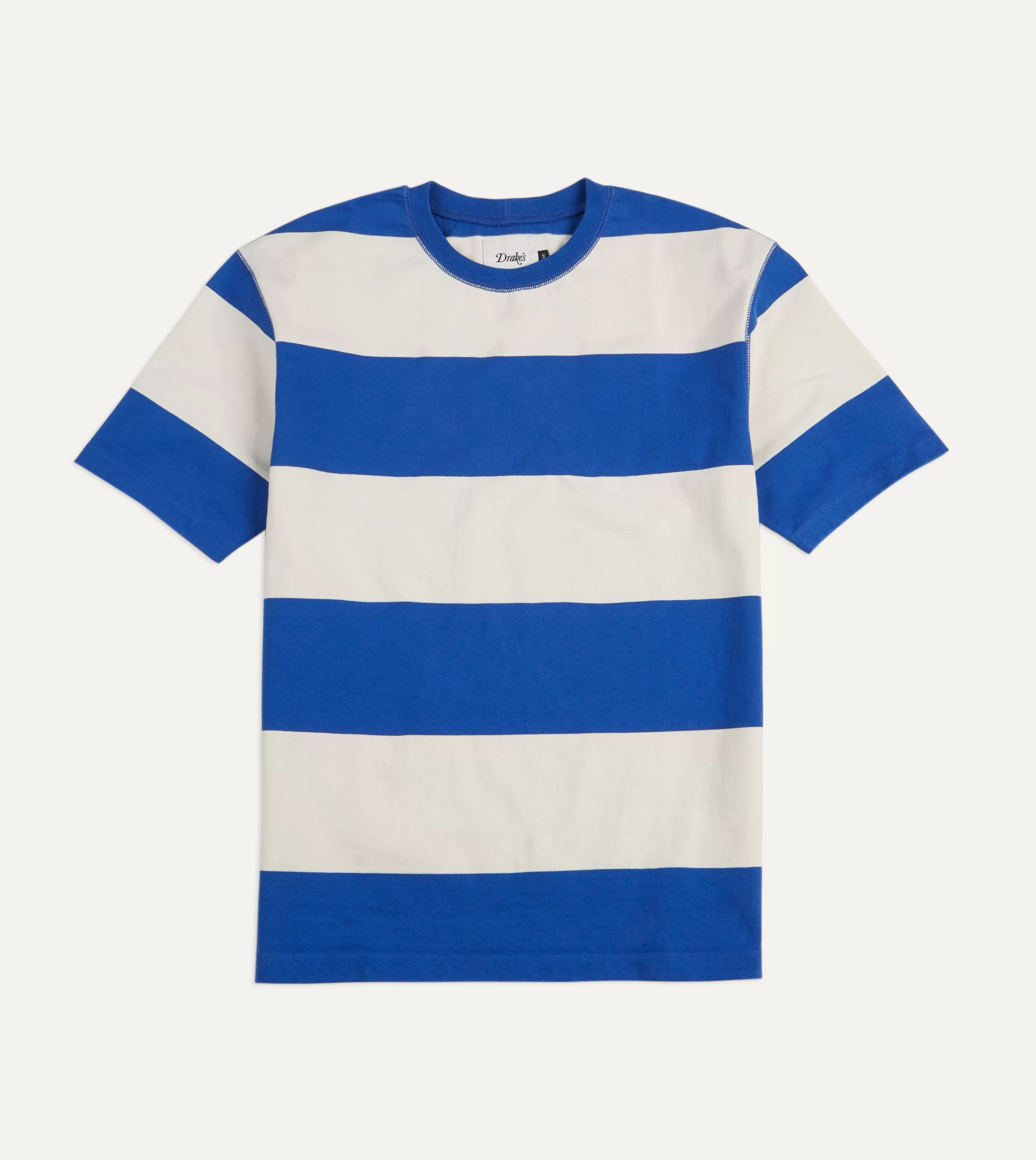 Drake’s T-Shirts | Blue And White Wide Stripe Heavy Cotton Crew Neck Hiking T-Shirt