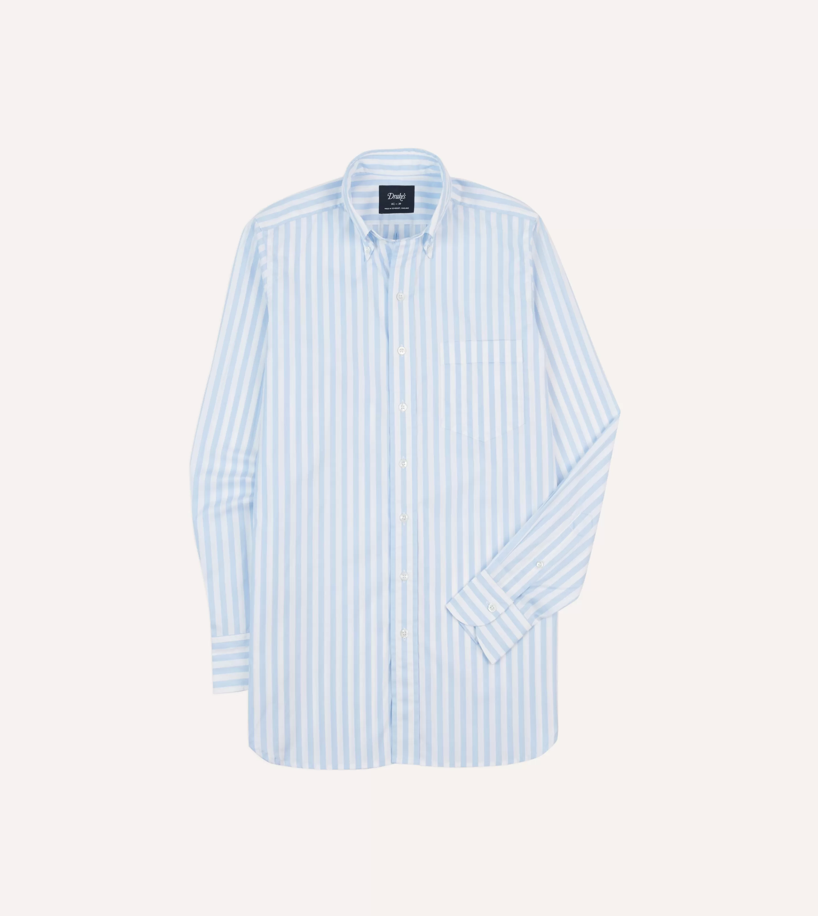 Drake’s Shirts | Formal Shirts | Blue Broad Stripe Cotton Poplin Button-Down Shirt