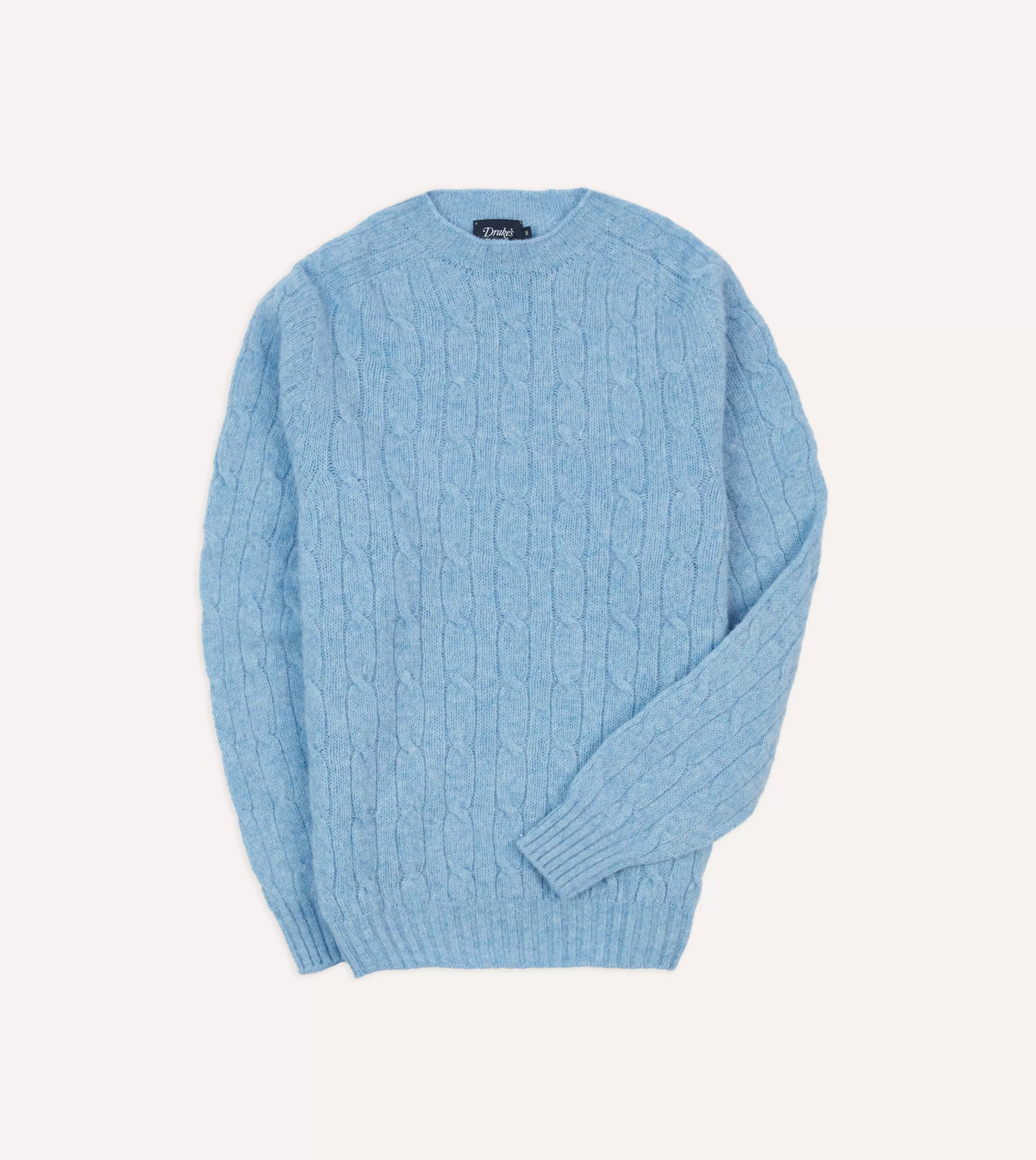 Drake’s Knitwear | Brushed Shetland Cable Knit Crew Neck Jumper Blue