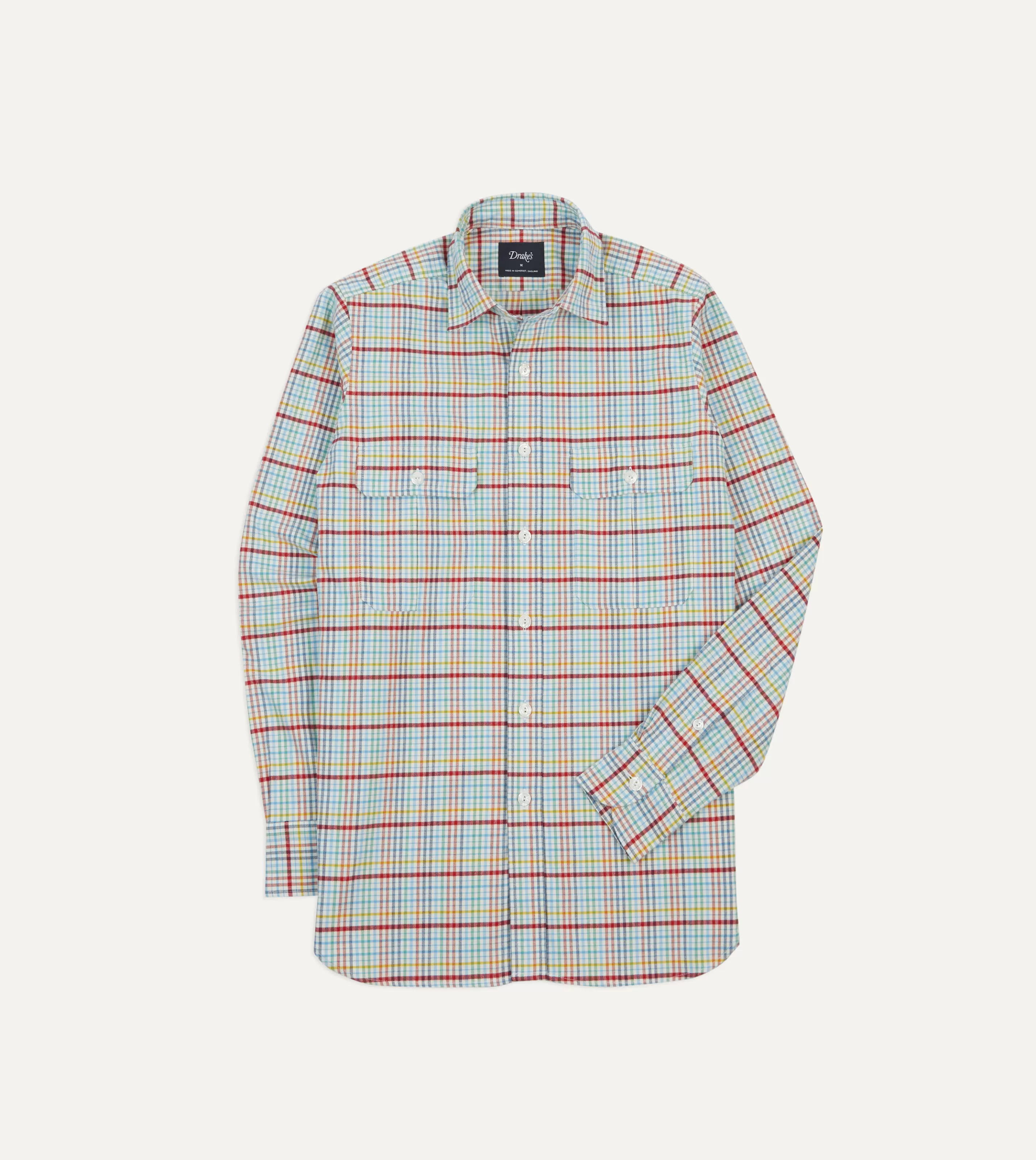 Drake’s Shirts | Work Shirts | Blue Brushed Tablecloth Check Cotton Two-Pocket Work Shirt