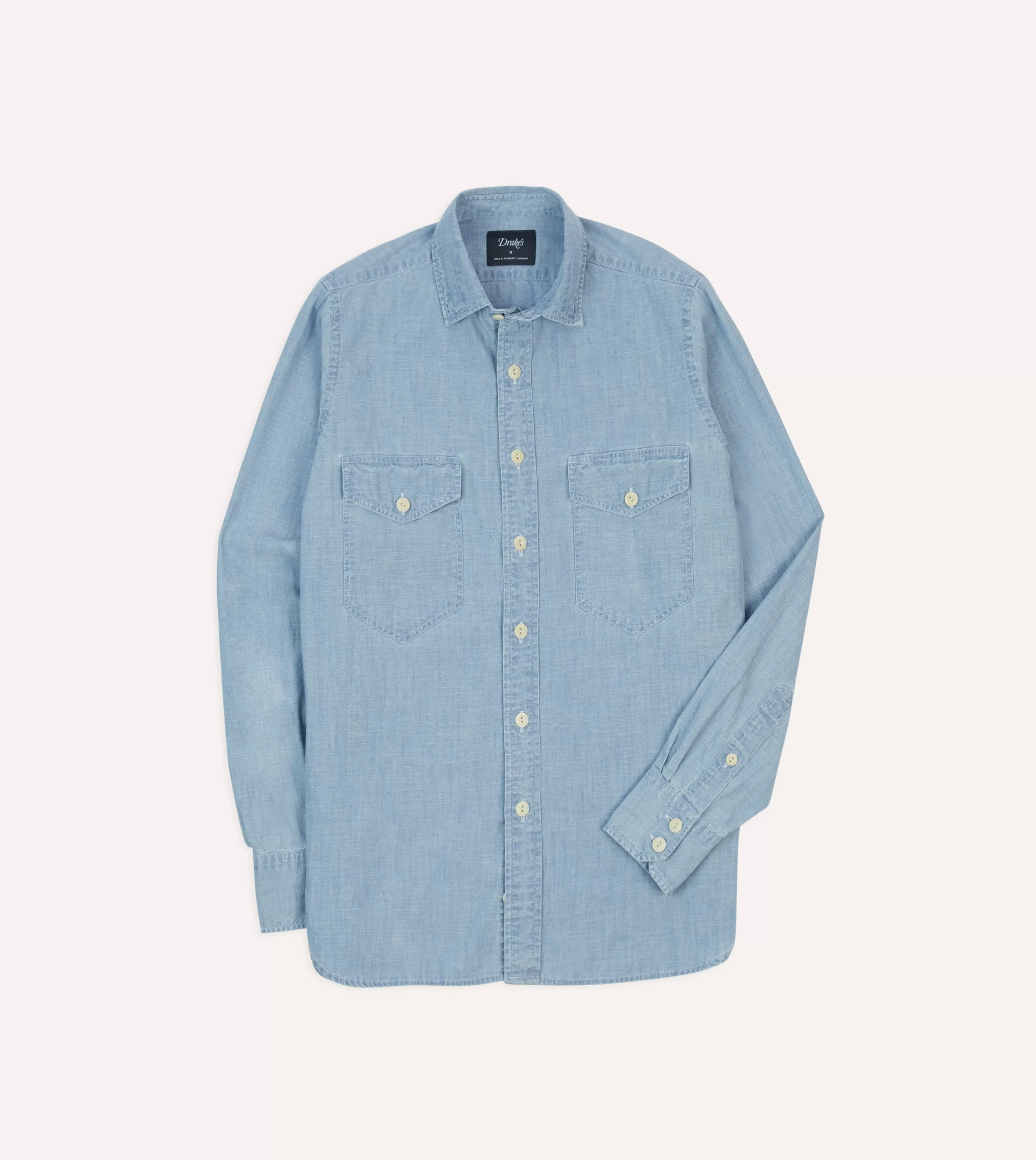 Drake’s Shirts | Work Shirts | Blue Cotton Chambray Two-Pocket Work Shirt