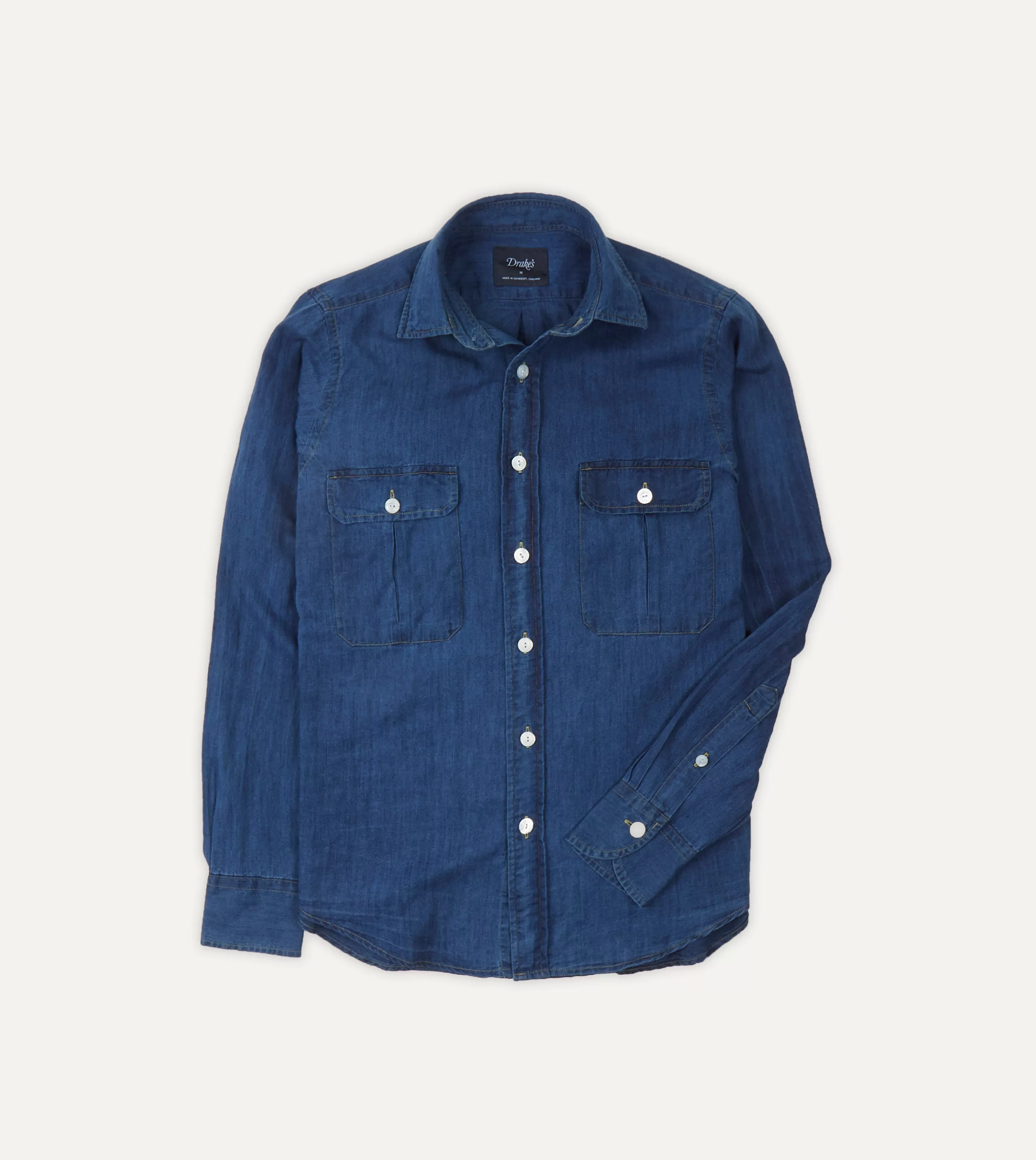 Drake’s Shirts | Work Shirts | Blue Cotton Linen Two-Pocket Work Shirt