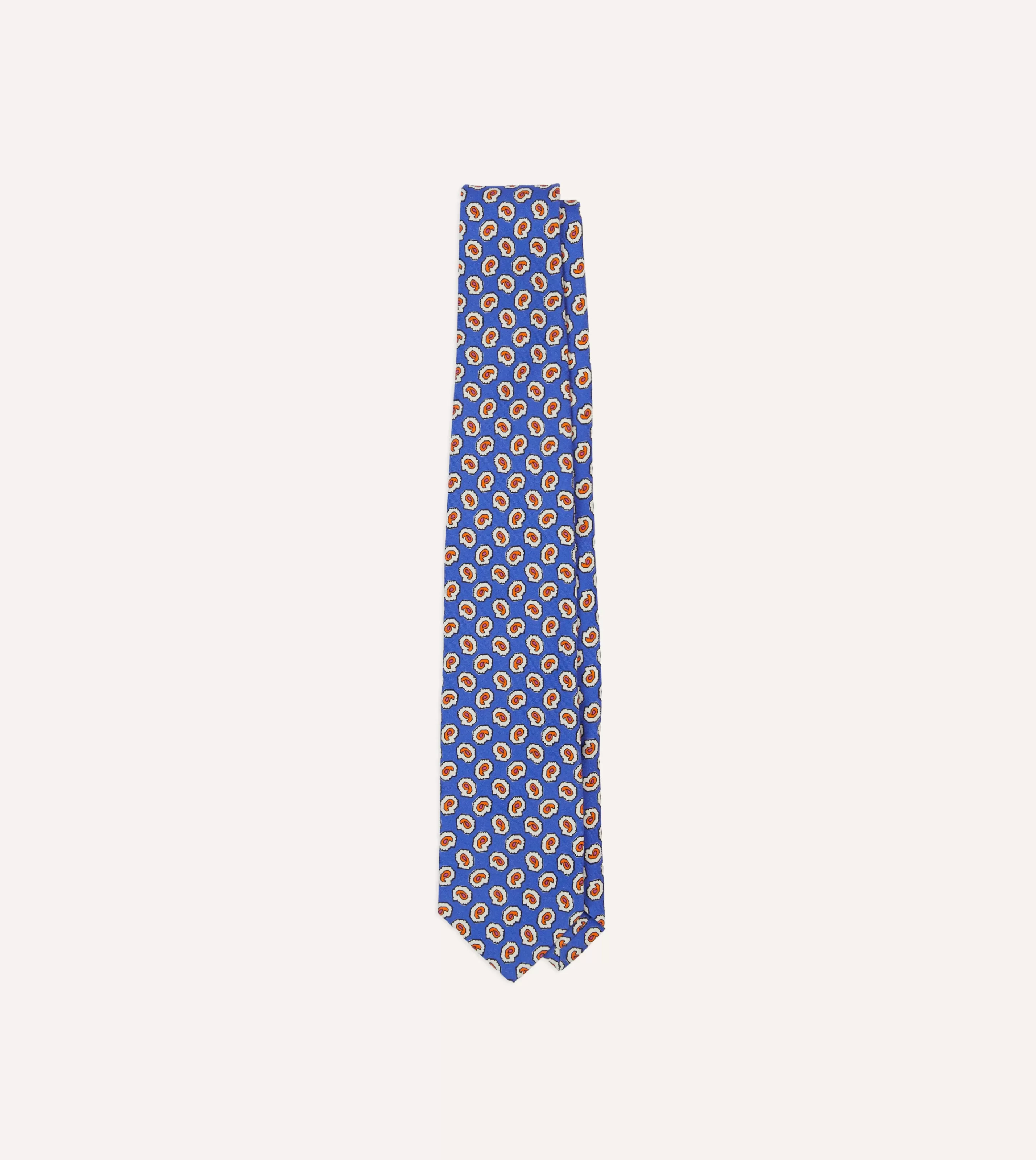 Drake’s Patterned Ties | Small Paisley Leaf Print Silk Self Tipped Tie Blue