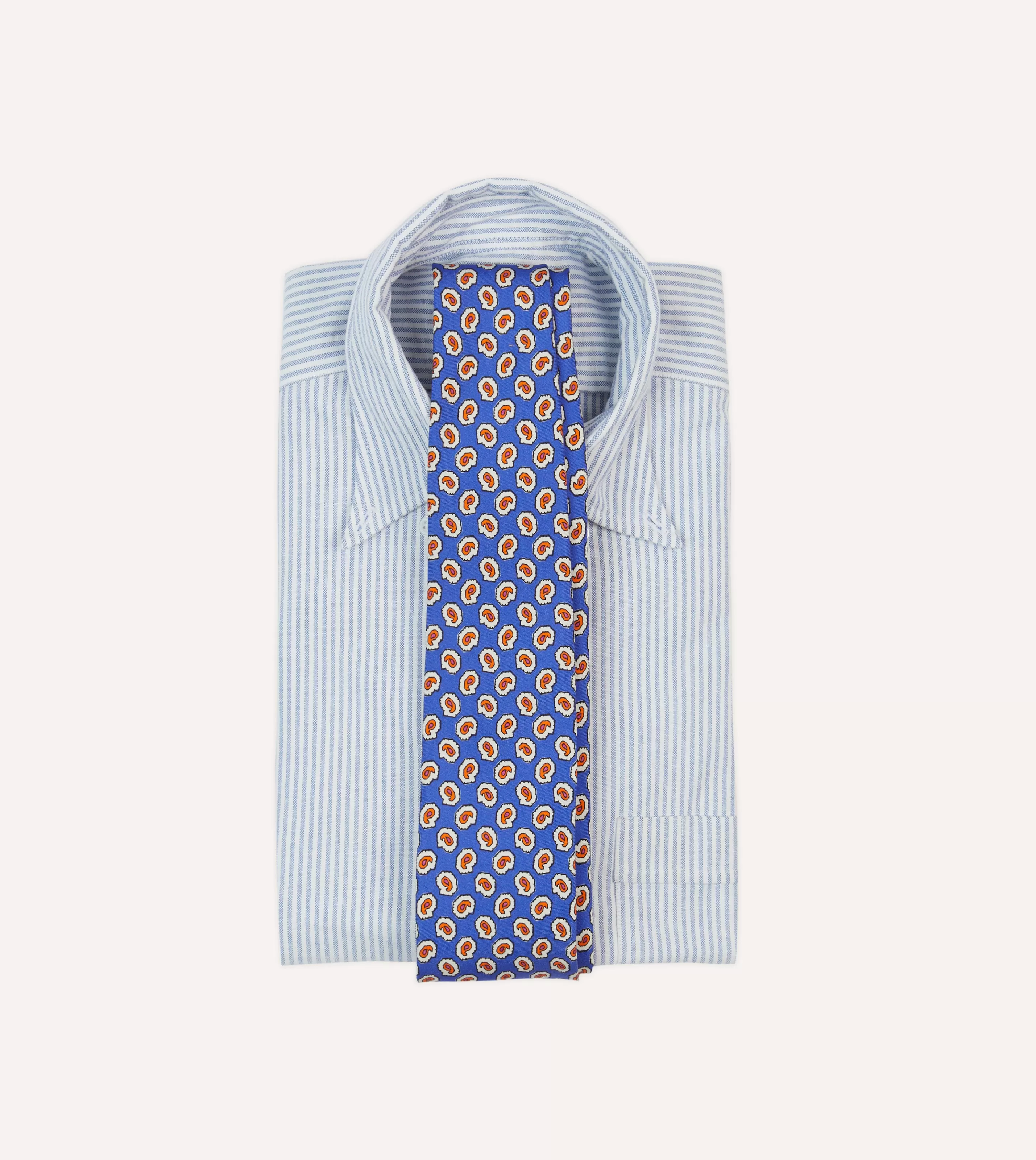 Drake’s Patterned Ties | Small Paisley Leaf Print Silk Self Tipped Tie Blue