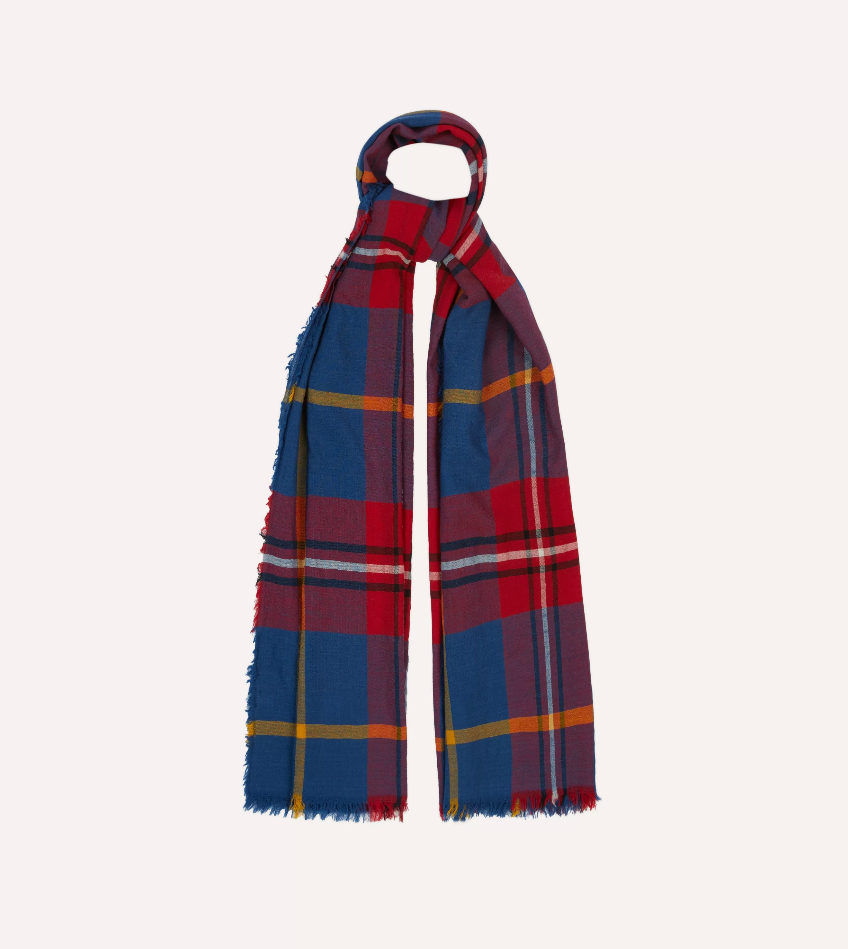 Drake’s Scarves | Blue Tartan Washed Check Wool Scarf