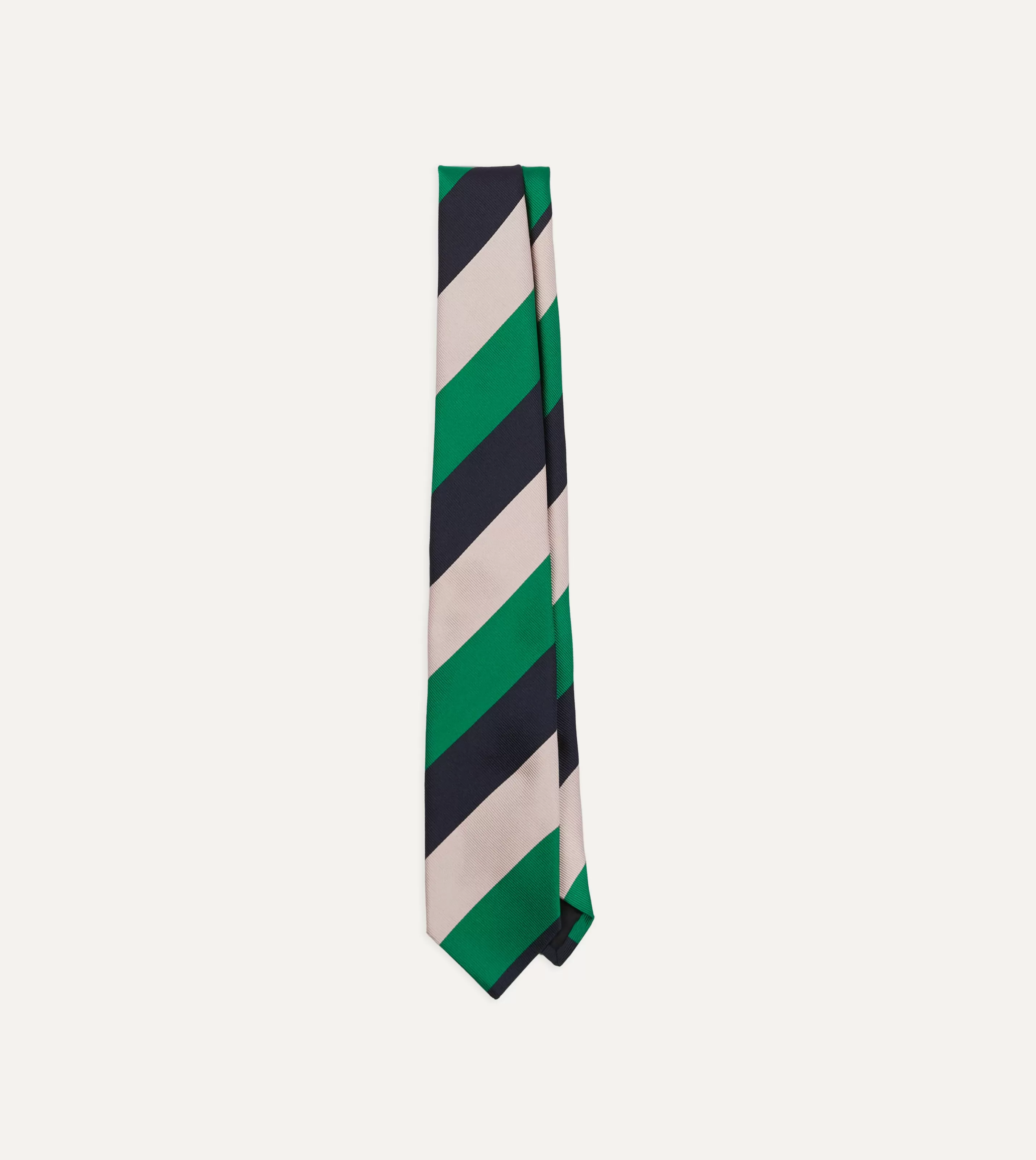 Drake’s Striped Ties | Bright Green, Navy And White Stripe Tipped Repp Silk Tie