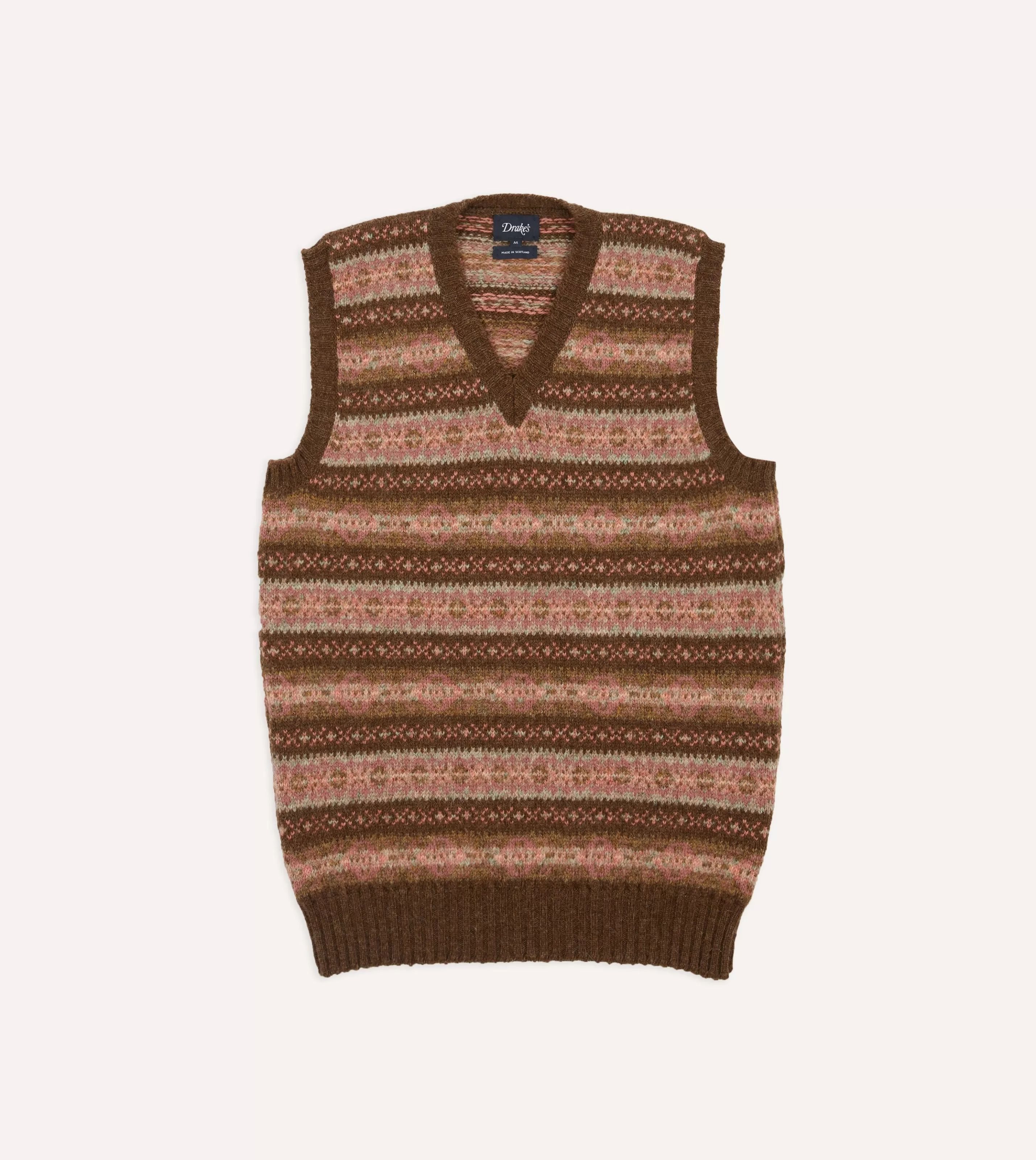 Drake’s Knitwear | Brown Fair Isle Lambswool Sleeveless V-Neck Jumper