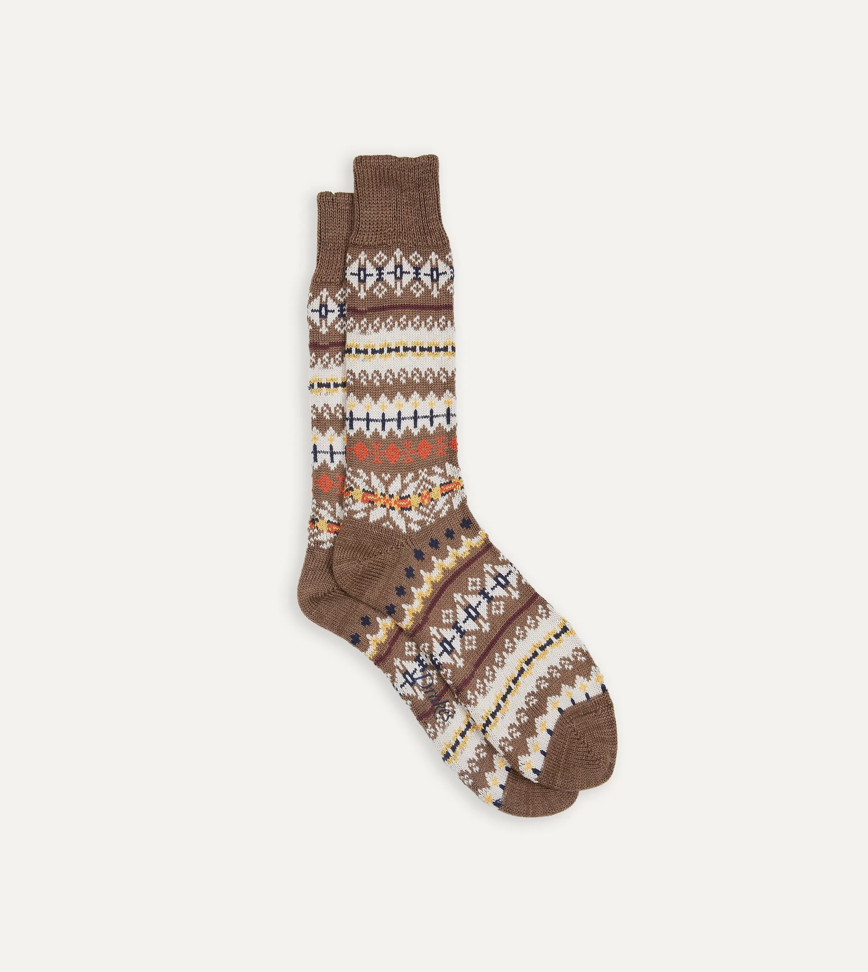 Drake’s Socks | Brown Fair Isle Wool Cotton Socks