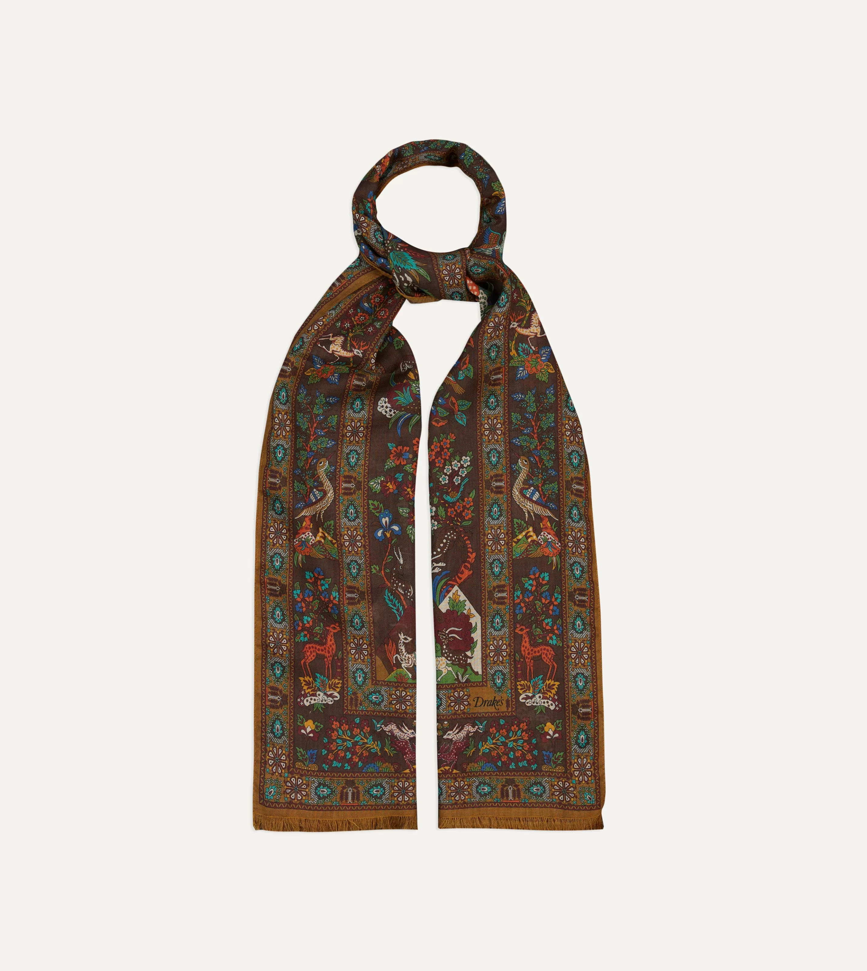 Drake’s Scarves | Brown Forest Animals Print Wool-Silk Scarf