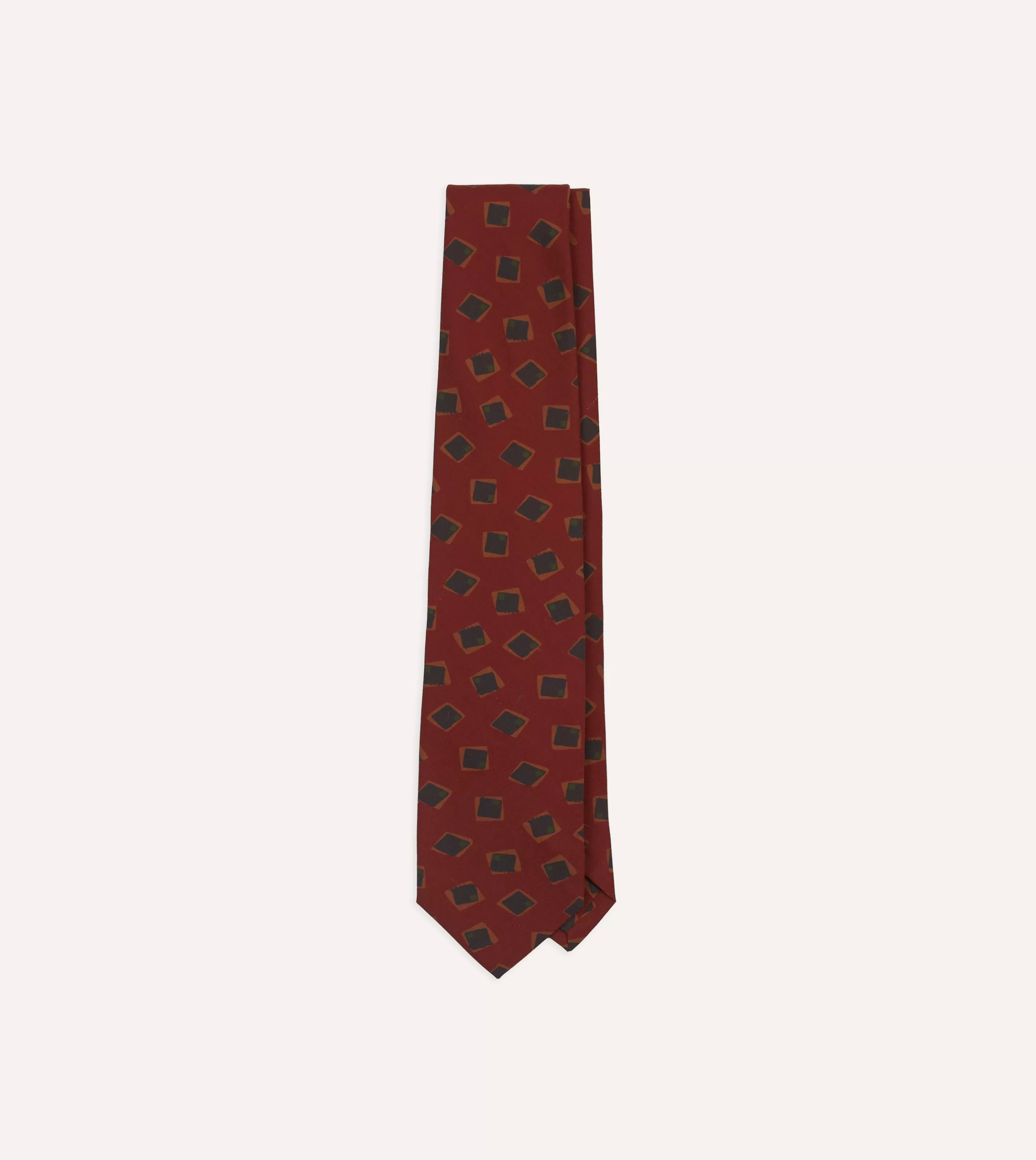 Drake’s Patterned Ties | Brown Jumbled Tile Print Silk Self Tipped Tie