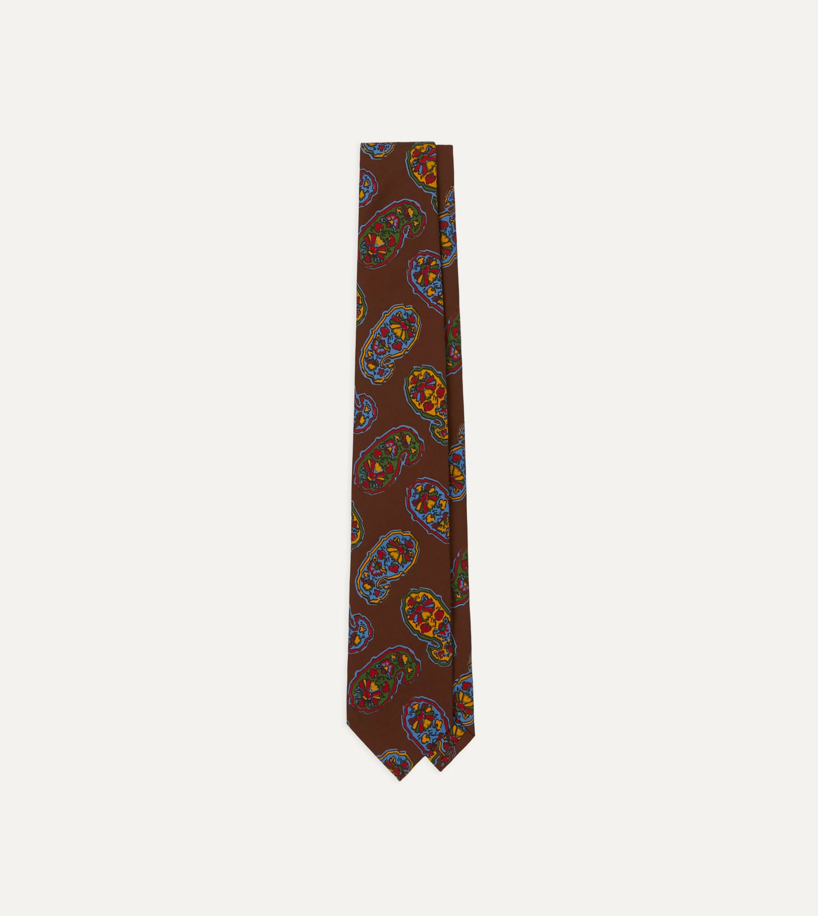 Drake’s Patterned Ties | Brown Large Paisley Print Silk Self Tipped Tie