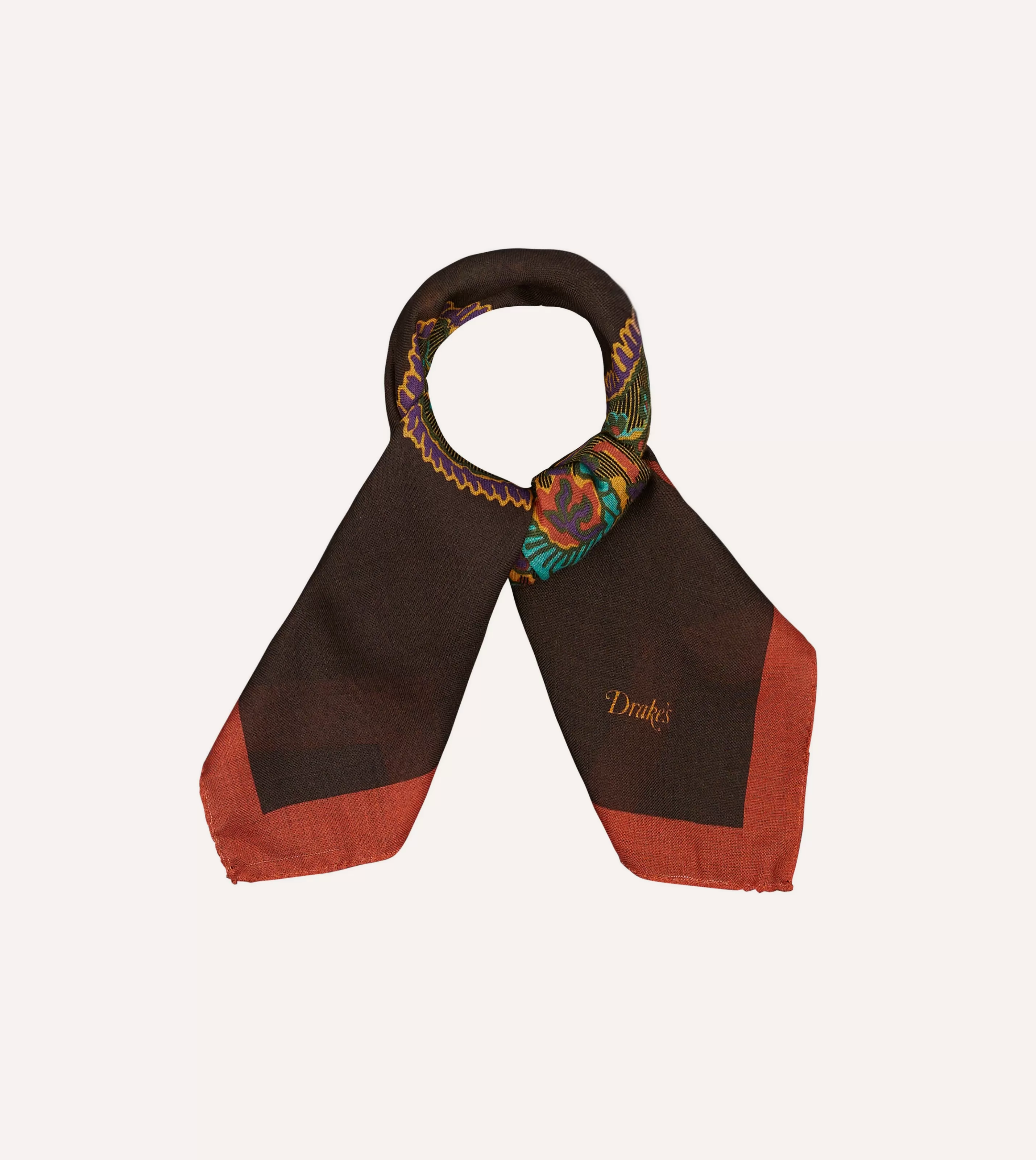 Drake’s Bandanas | Brown Large Paisley Print Wool-Silk Bandana