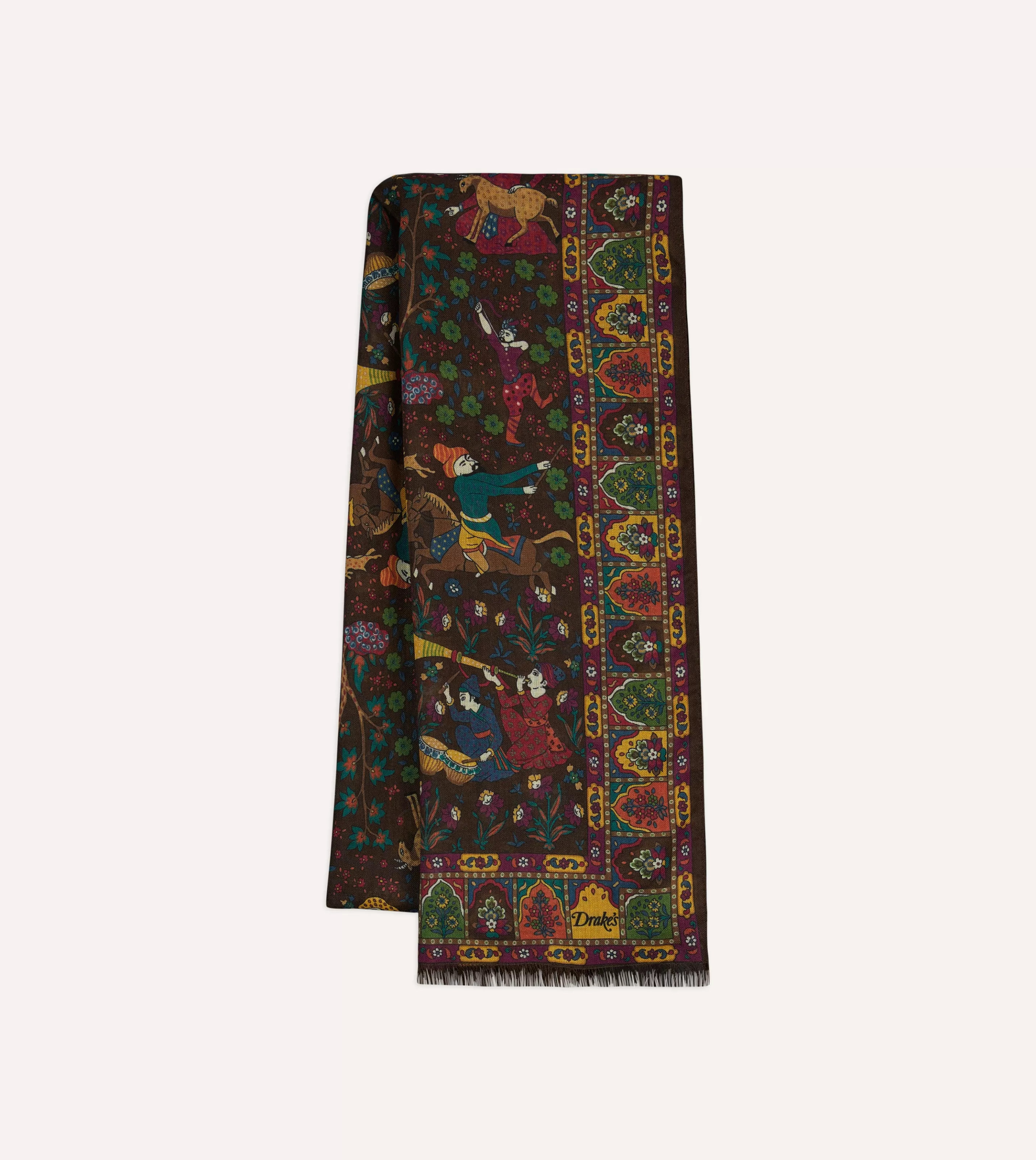 Drake’s Scarves | Scarves | Mughal Hunter Print Wool-Silk Scarf Brown