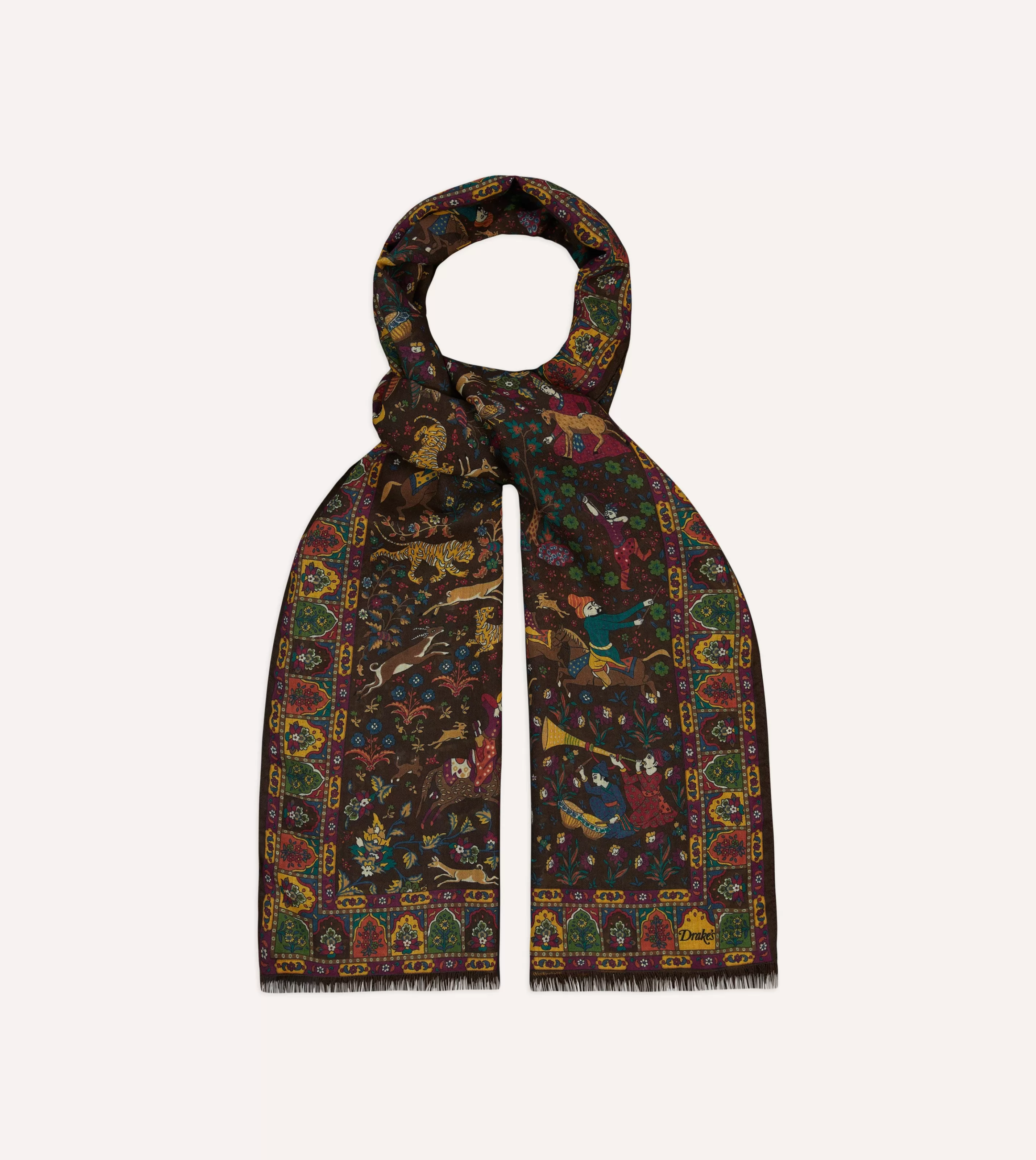 Drake’s Scarves | Scarves | Mughal Hunter Print Wool-Silk Scarf Brown