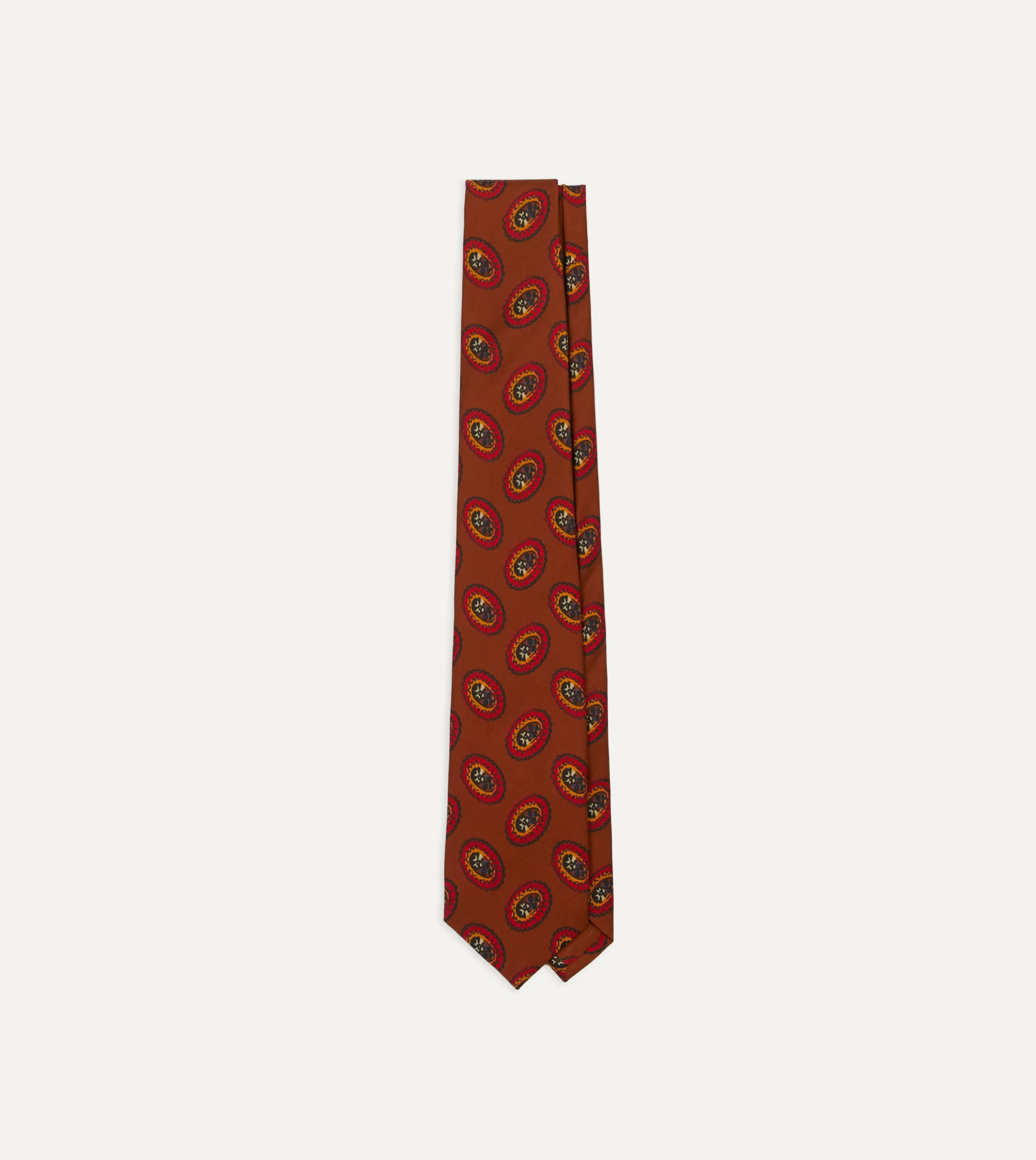 Drake’s Patterned Ties | Brown Oval Medallion Print Silk Self Tipped Tie