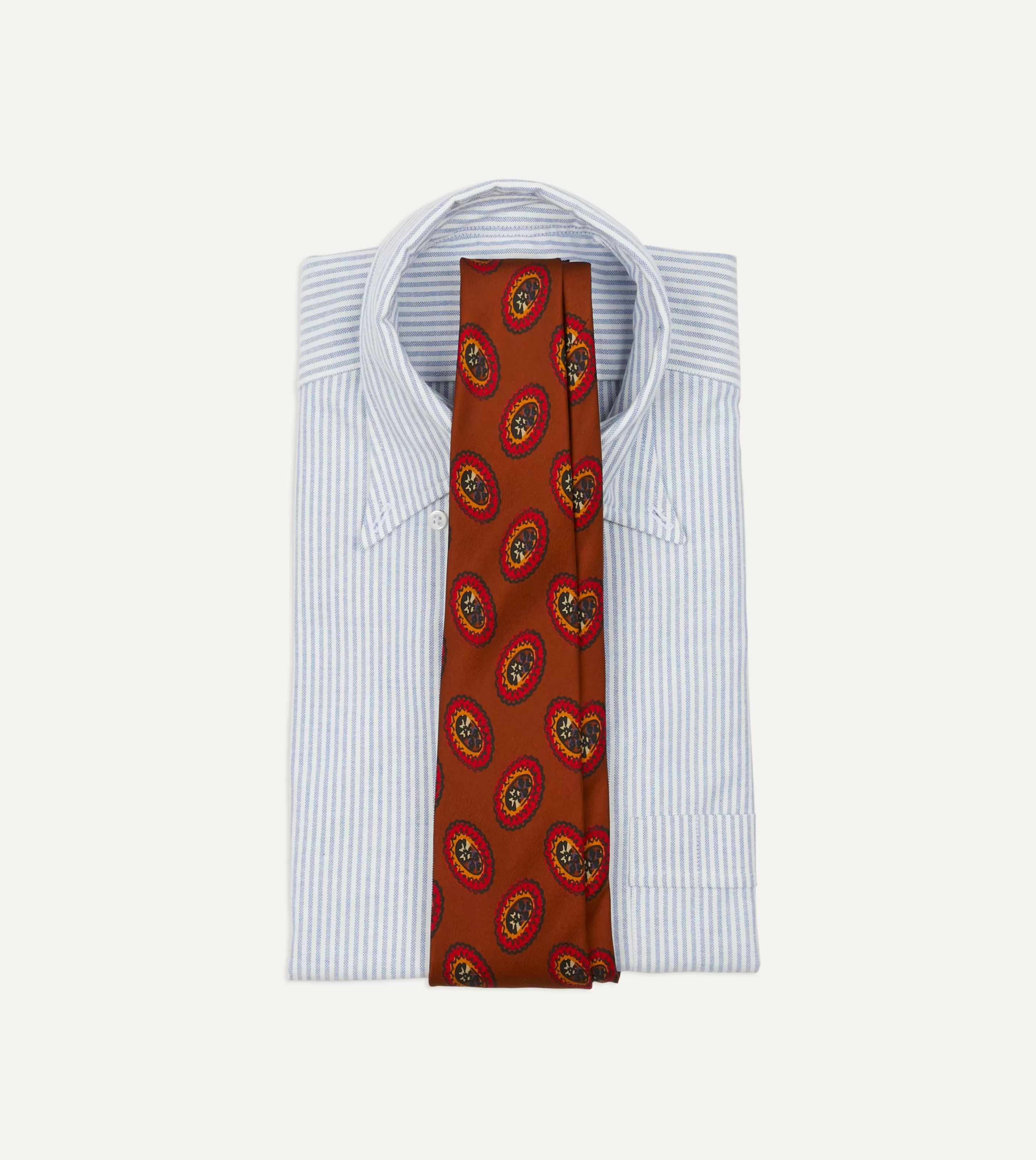 Drake’s Patterned Ties | Brown Oval Medallion Print Silk Self Tipped Tie