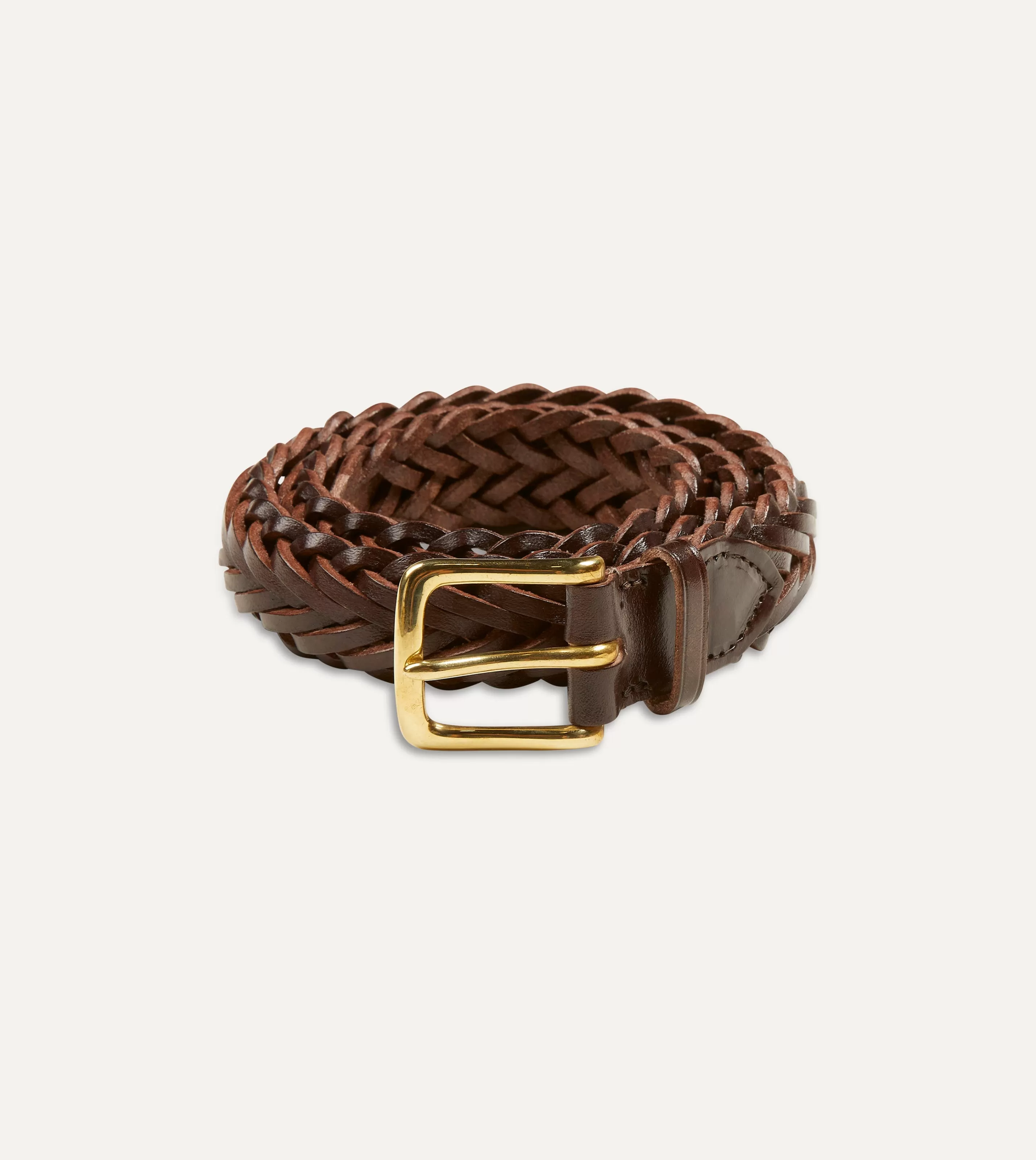 Drake’s Belts | Belts | Brown Plaited Bridle Leather Belt With Brass Buckle