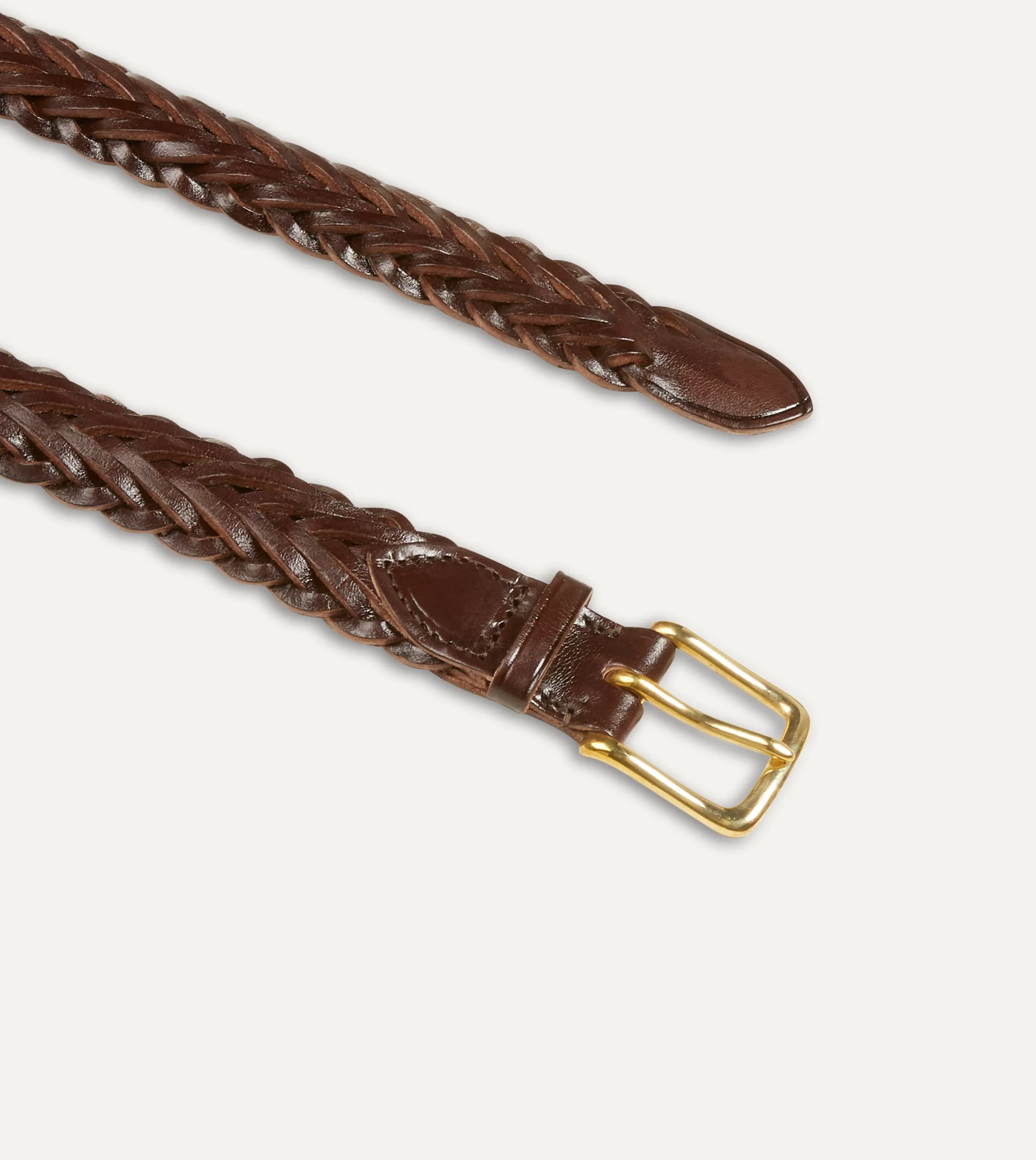 Drake’s Belts | Belts | Brown Plaited Bridle Leather Belt With Brass Buckle