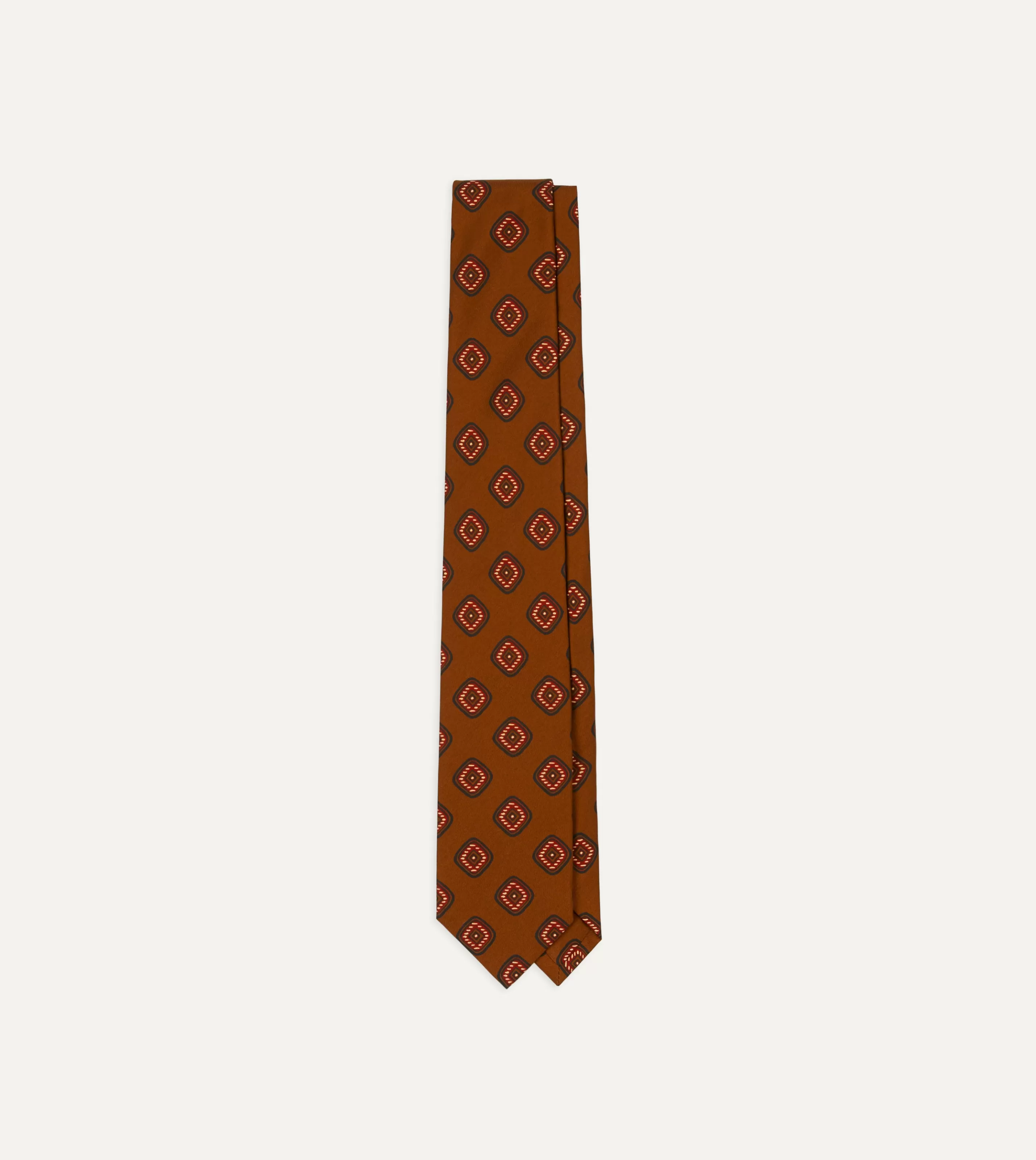 Drake’s Patterned Ties | Brown Tile Print 36oz Madder Silk Self Tipped Tie