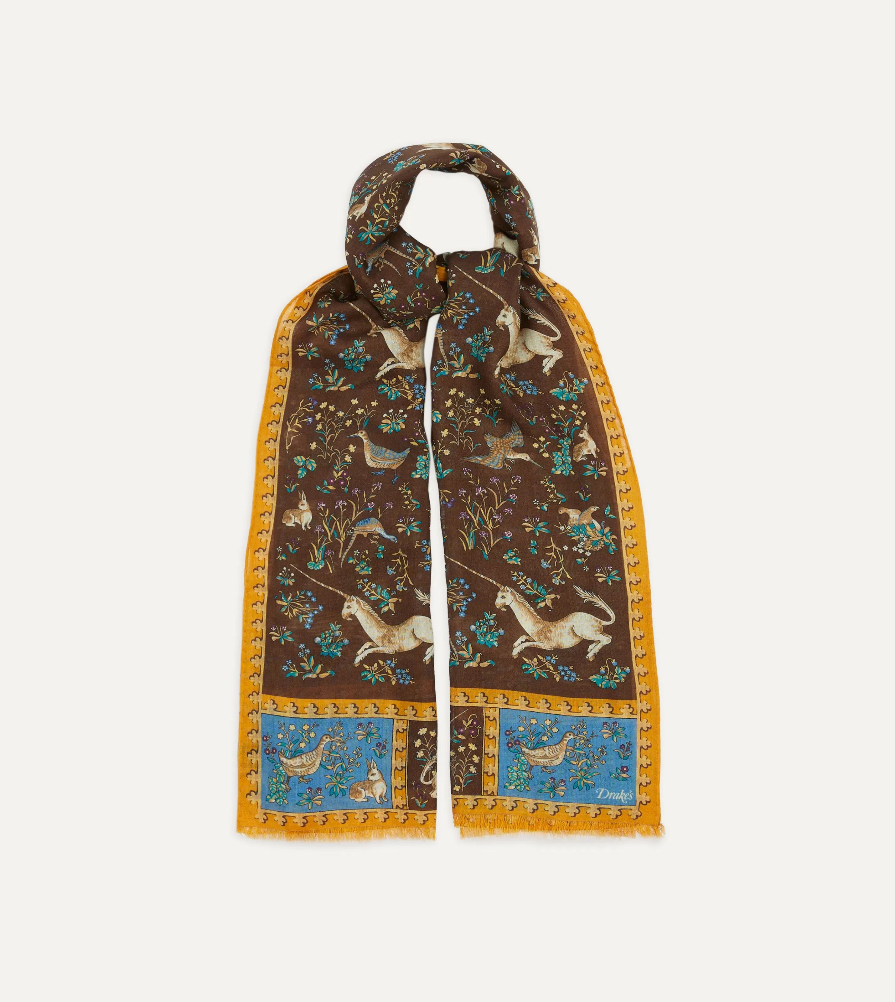 Drake’s Scarves | Scarves | Brown Unicorn Print Wool-Silk Scarf