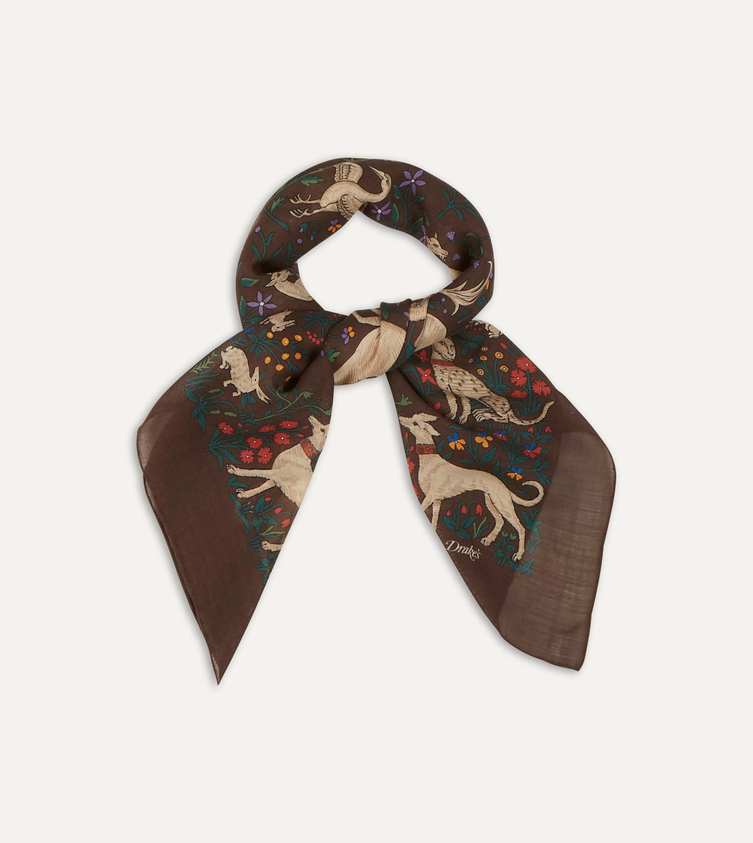 Drake’s Scarves | Scarves | Brown Unicorn Print Wool-Silk Square Scarf