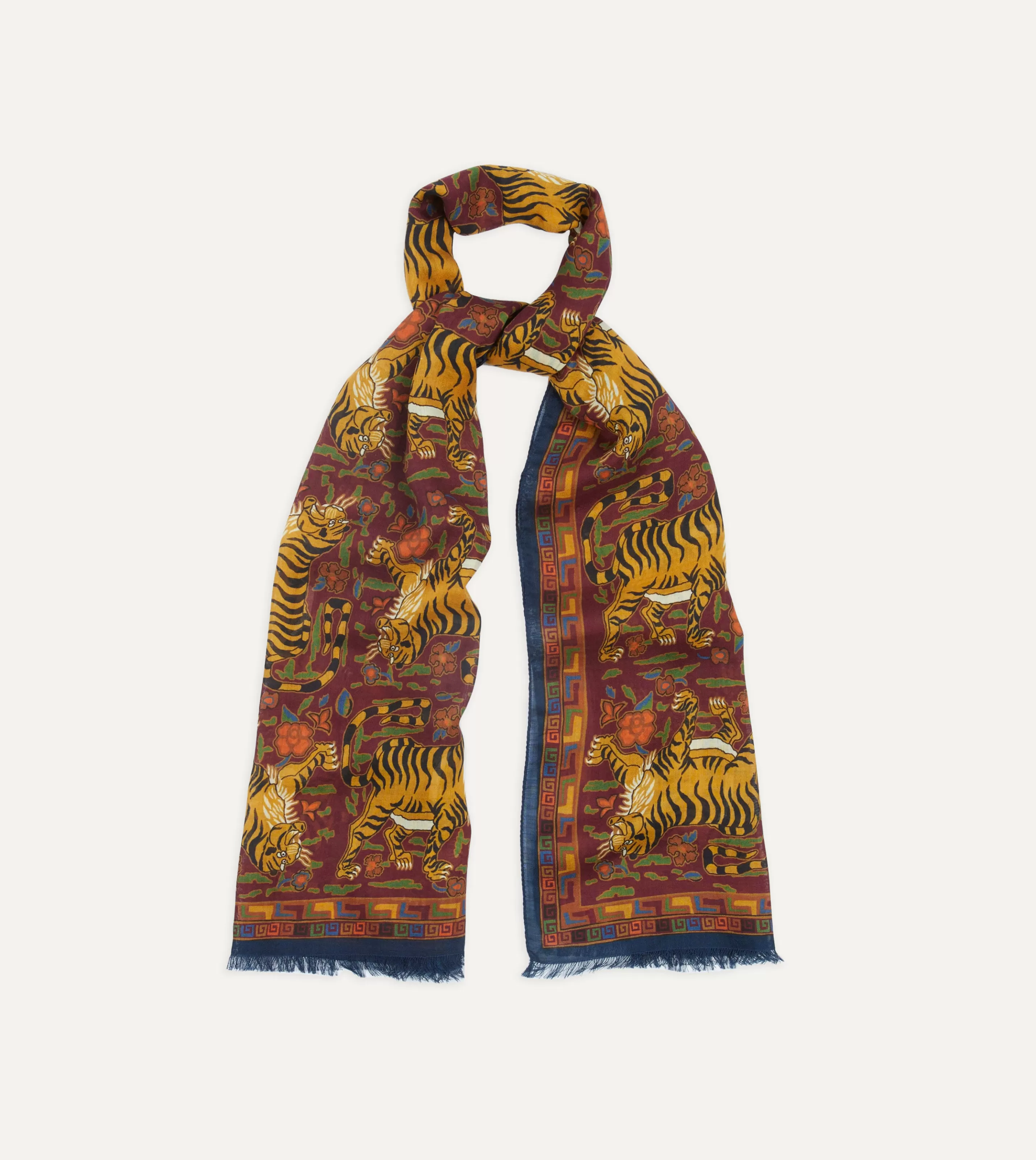 Drake’s Scarves | Burgundy Jumbo Tiger Print Wool-Silk Scarf