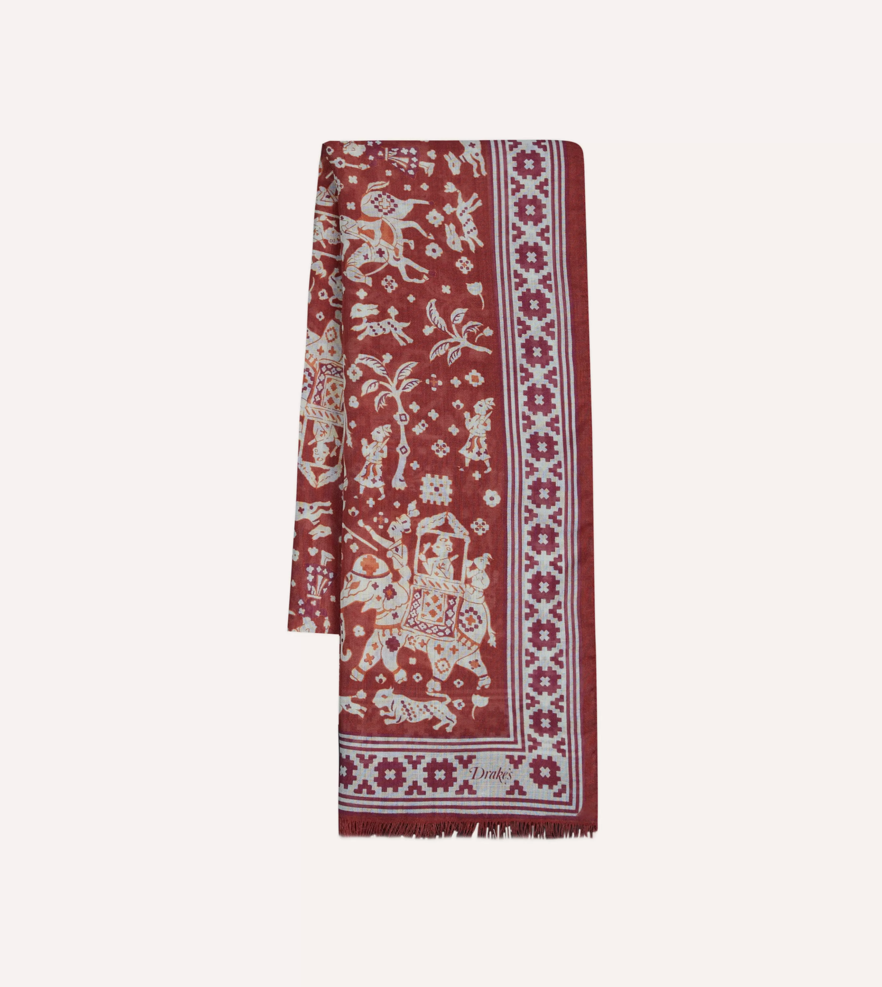 Drake’s Scarves | Burgundy Mughal Elephants Print Wool-Silk Scarf