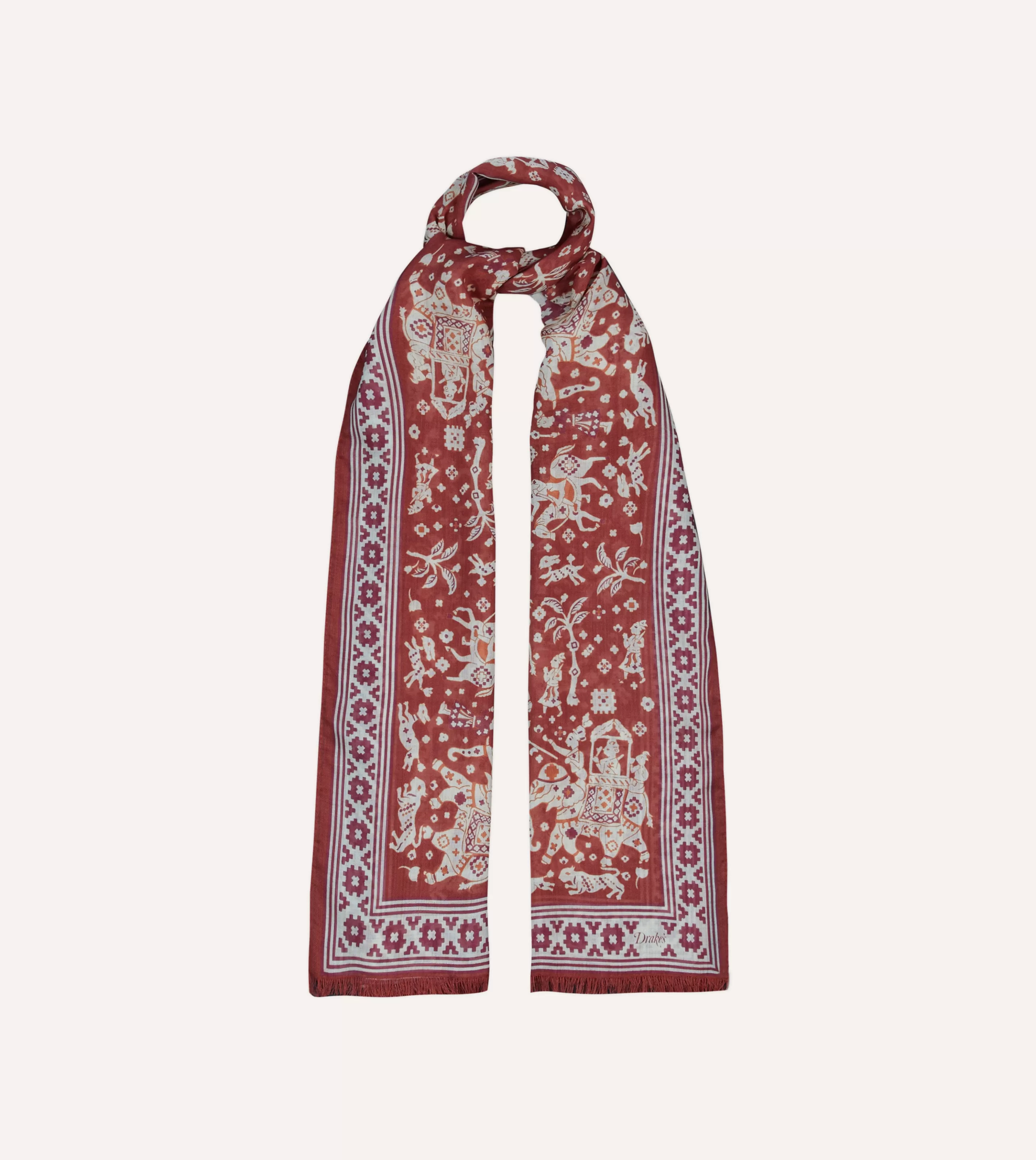 Drake’s Scarves | Burgundy Mughal Elephants Print Wool-Silk Scarf