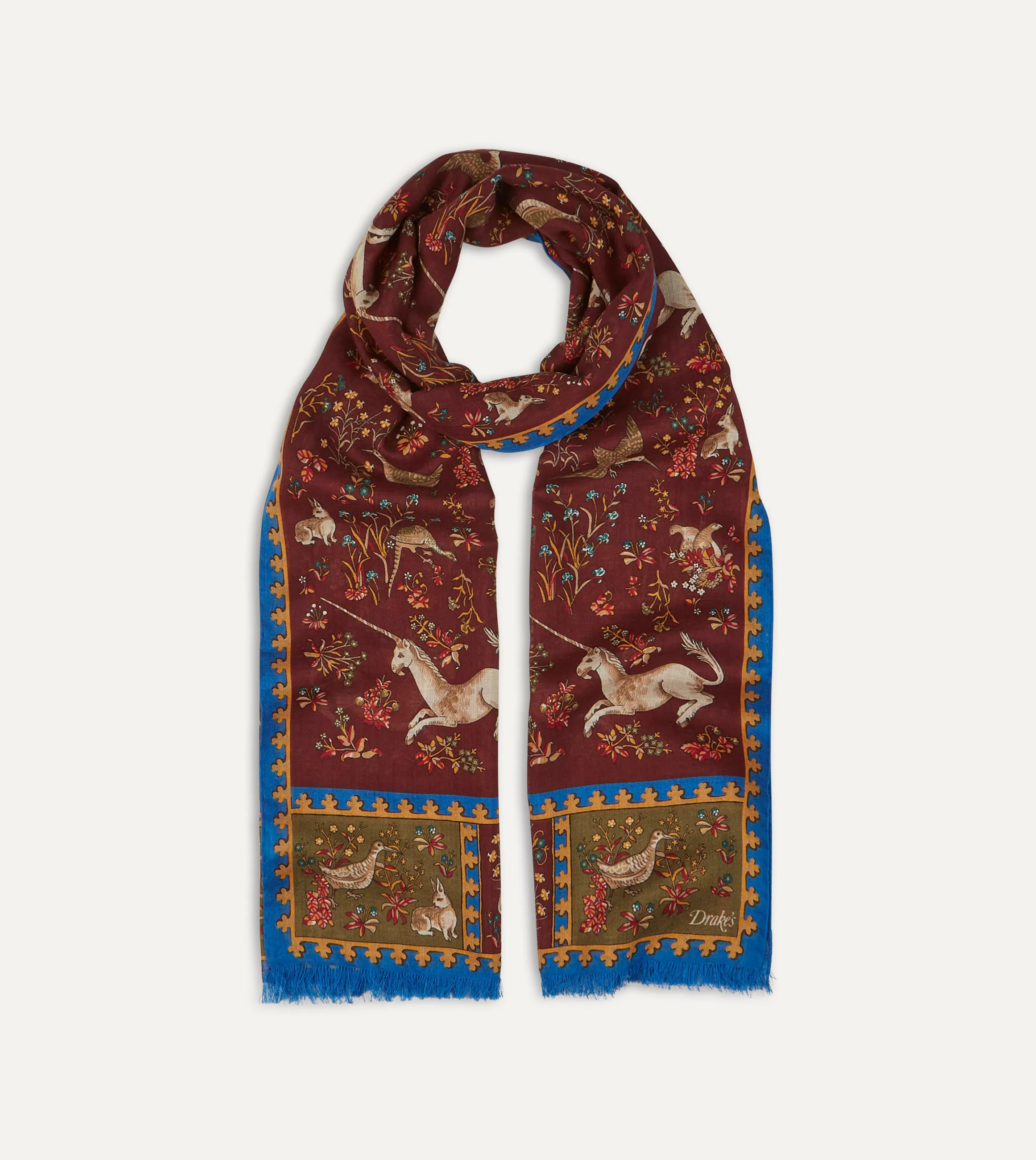 Drake’s Scarves | Scarves | Burgundy Unicorn Print Wool-Silk Scarf