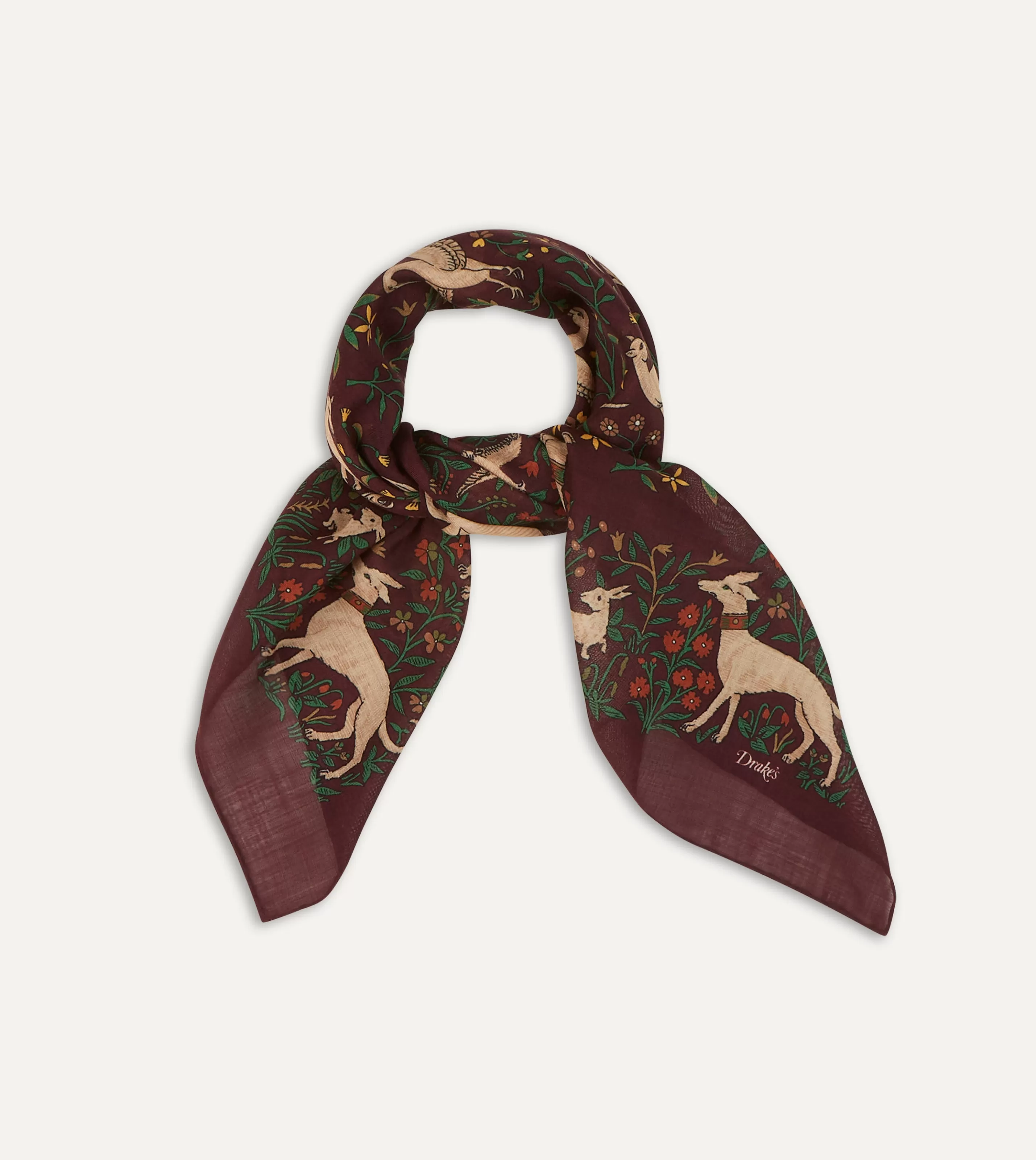 Drake’s Scarves | Scarves | Burgundy Unicorn Print Wool-Silk Square Scarf