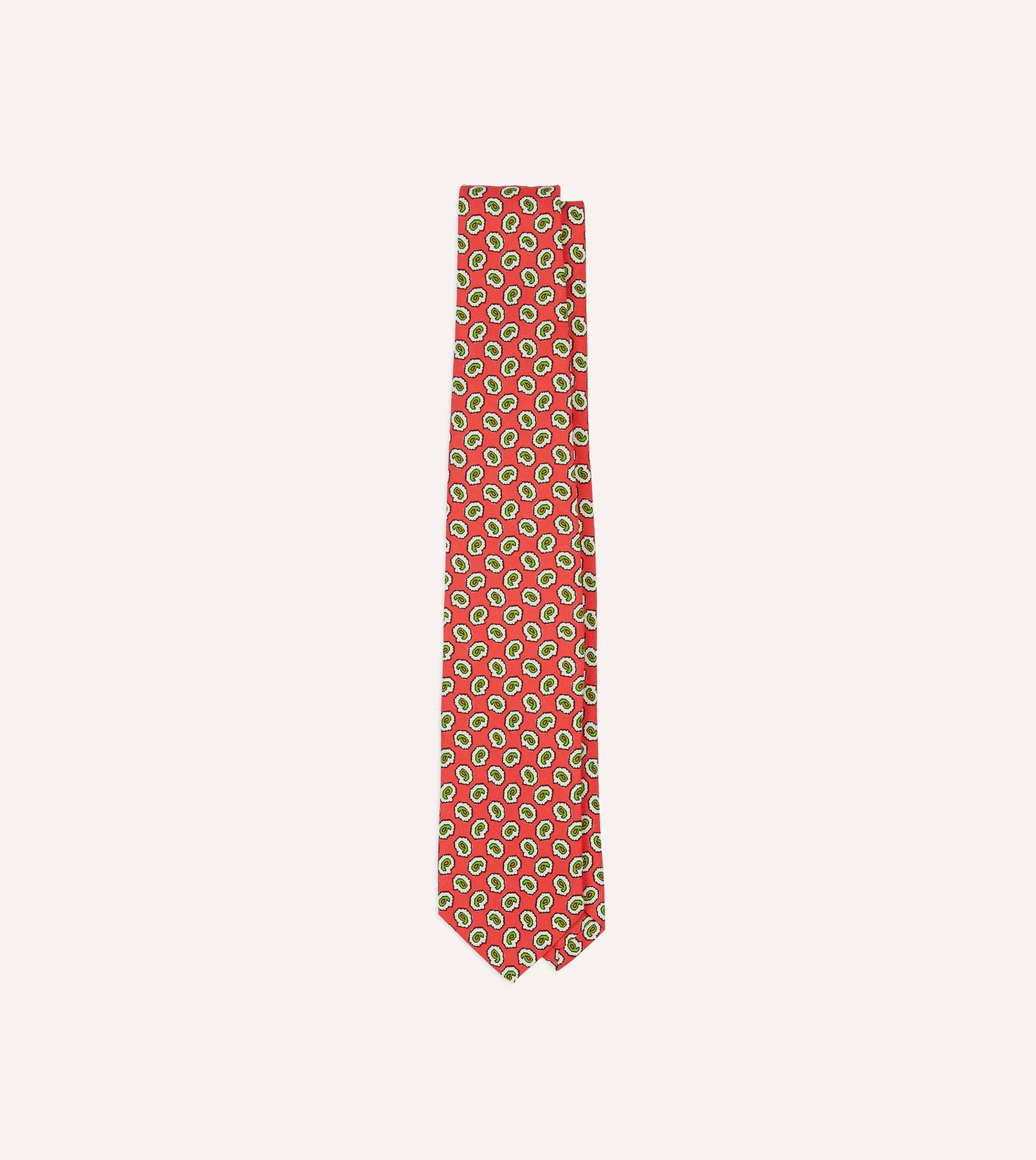 Drake’s Patterned Ties | Small Paisley Leaf Print Silk Self Tipped Tie Coral