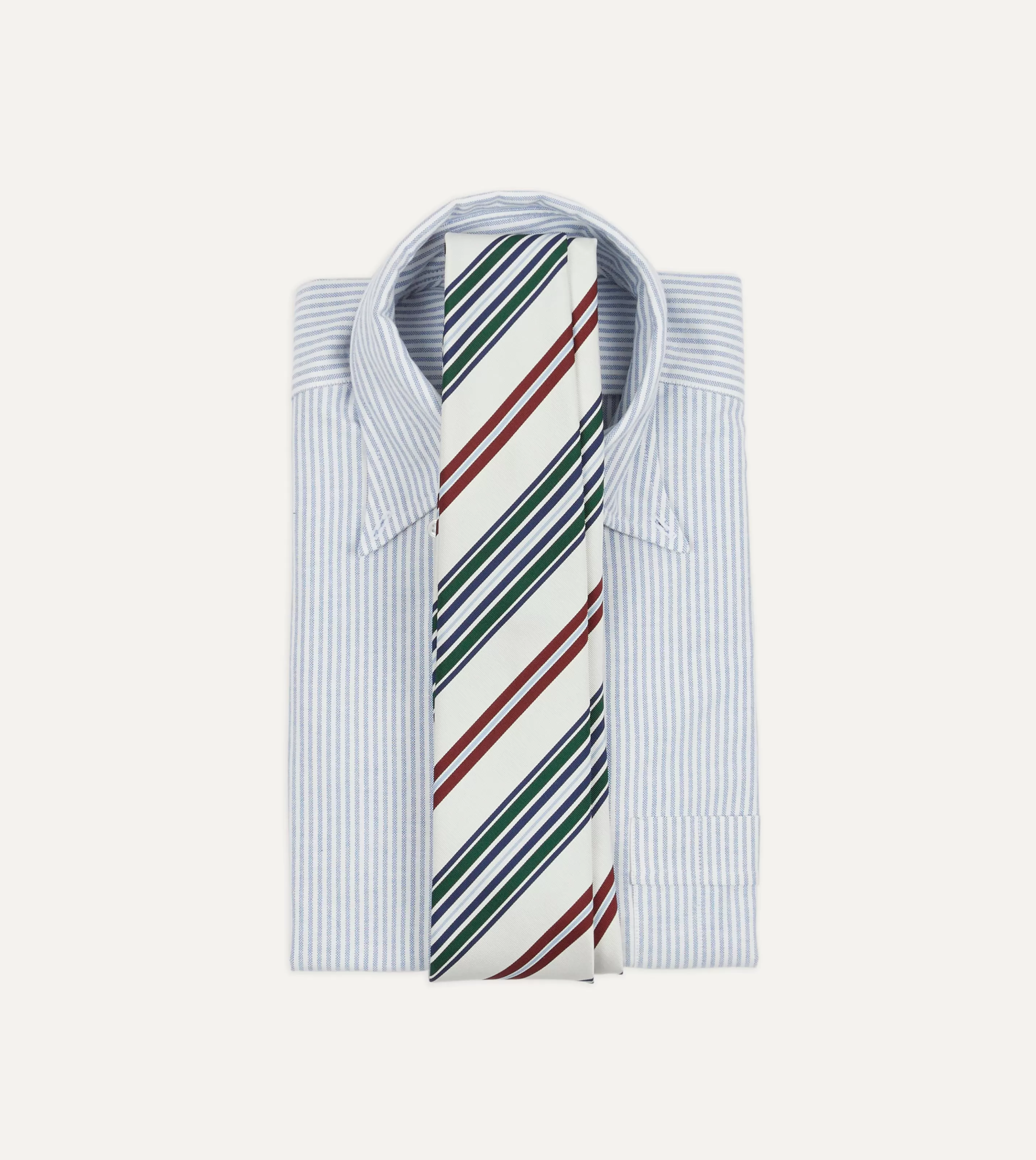 Drake’s Striped Ties | Ecru And Green Multi Stripe Mogador Tipped Tie