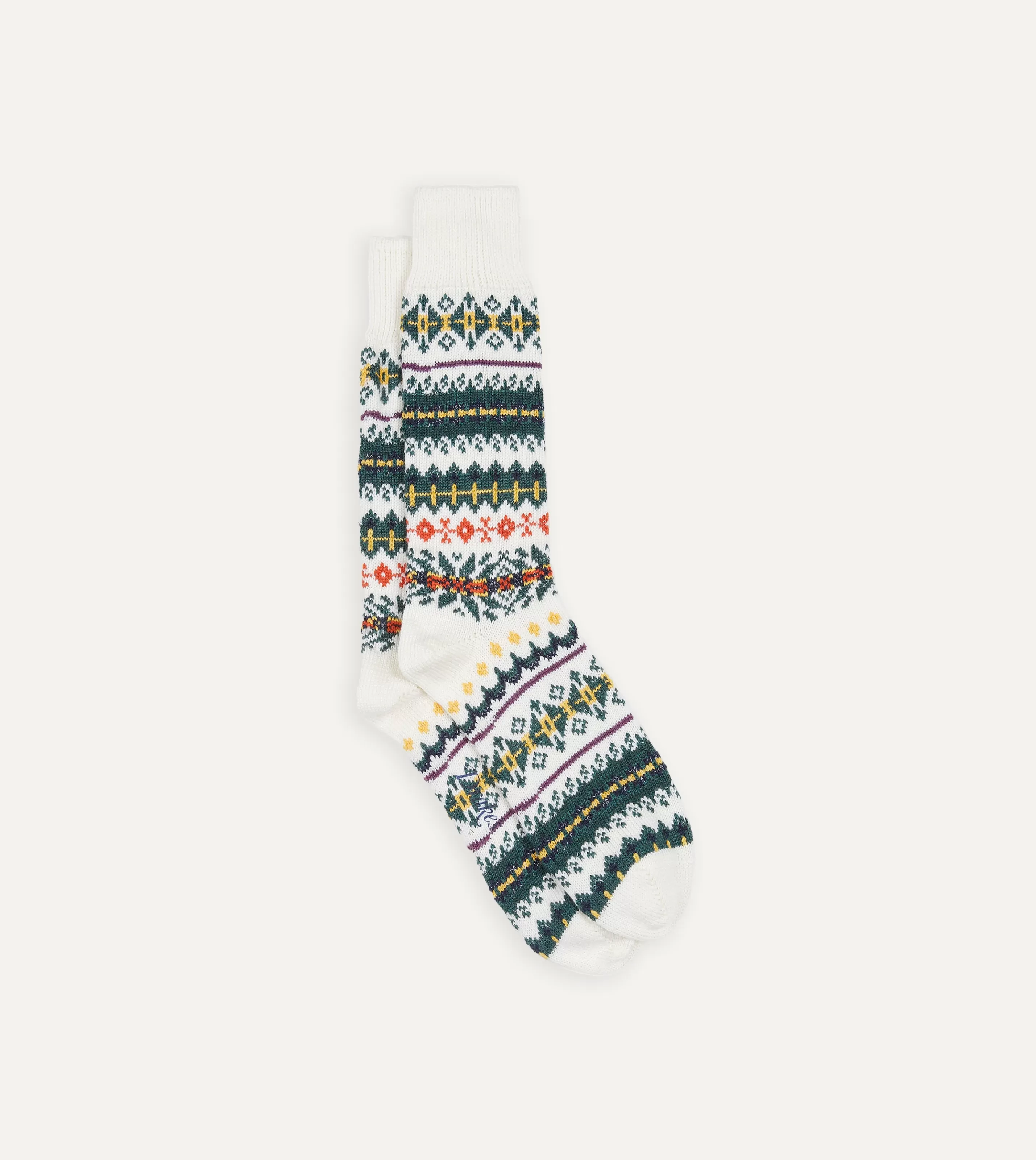 Drake’s Socks | Ecru Fair Isle Wool Cotton Socks