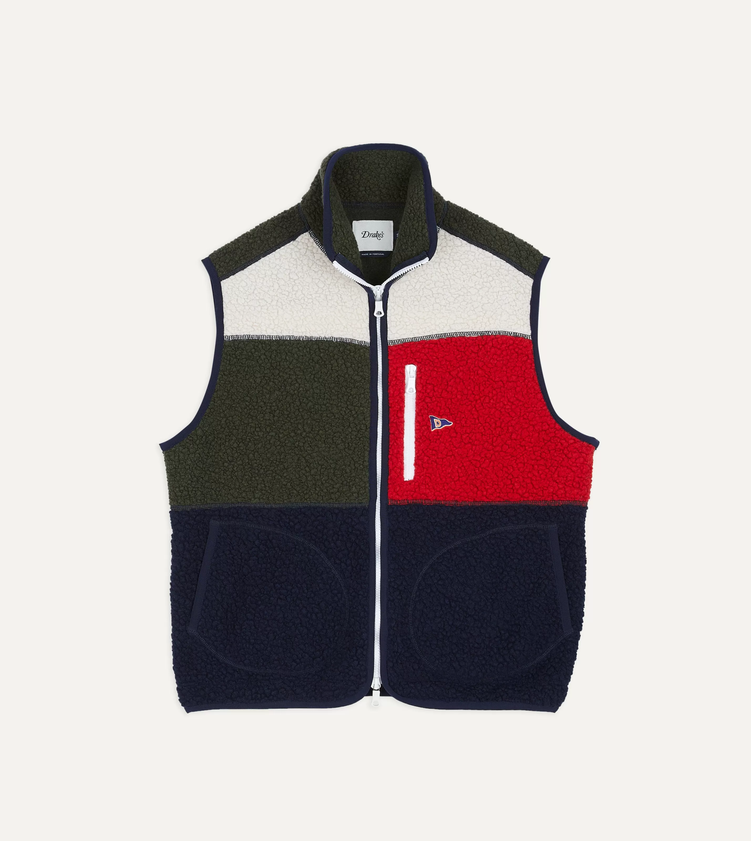 Drake’s Fleeces | Ecru, Green And Navy Boucle Wool Zip Fleece Vest