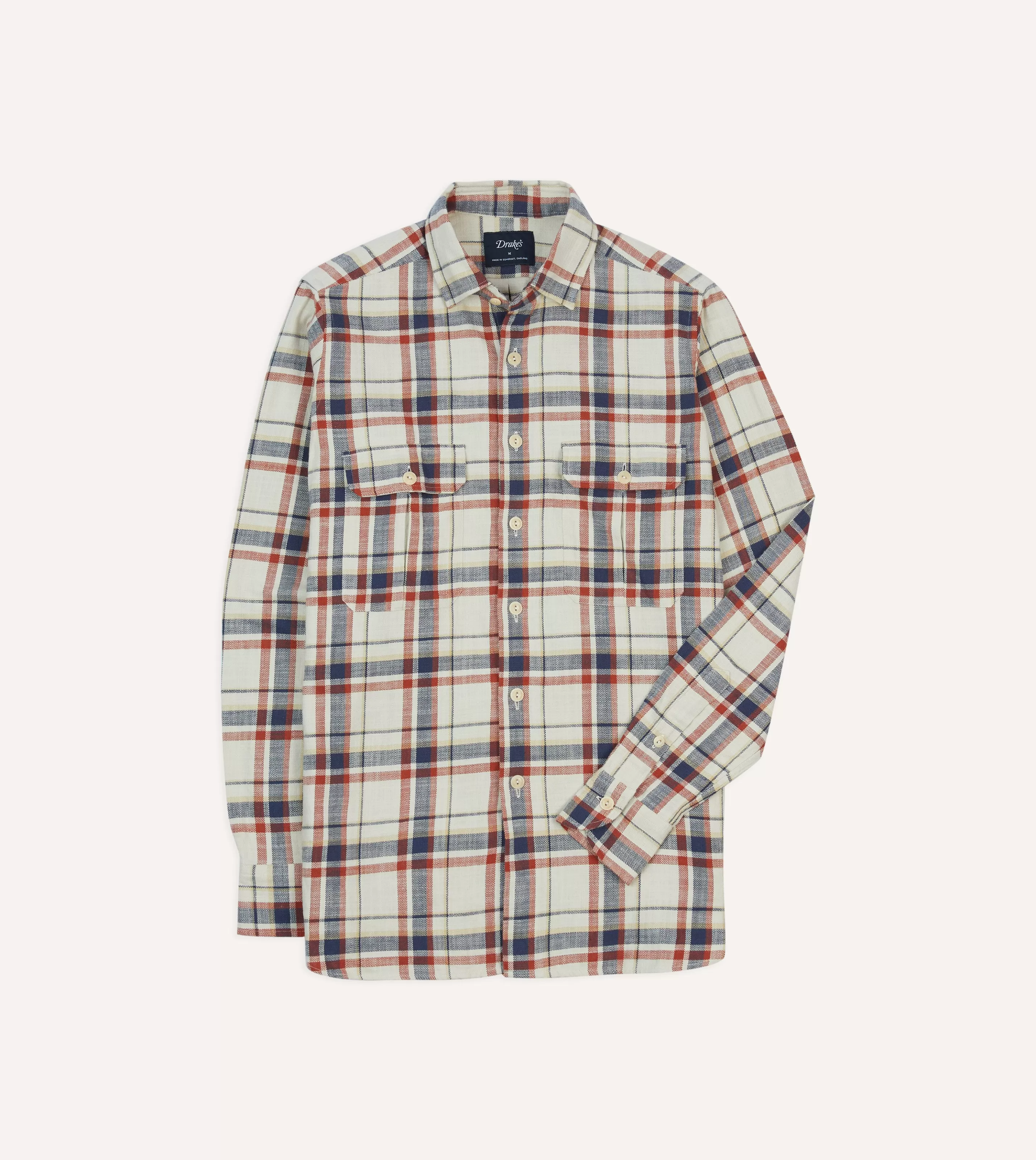 Drake’s Shirts | Work Shirts | , Navy And Red Check Slub Cotton Two-Pocket Work Shirt Ecru