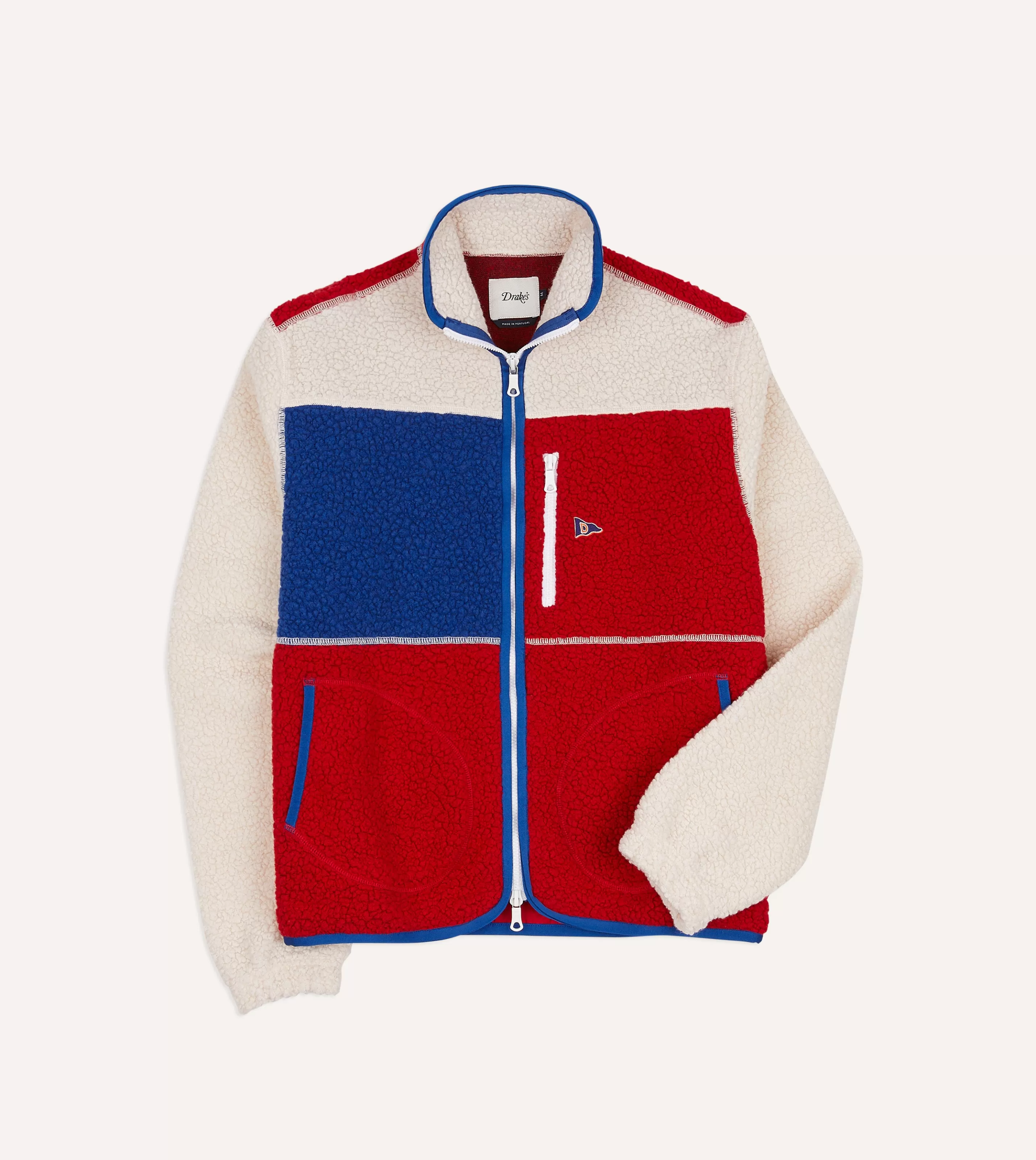 Drake’s Fleeces | Ecru, Red And Blue Boucle Wool Zip Fleece Jacket