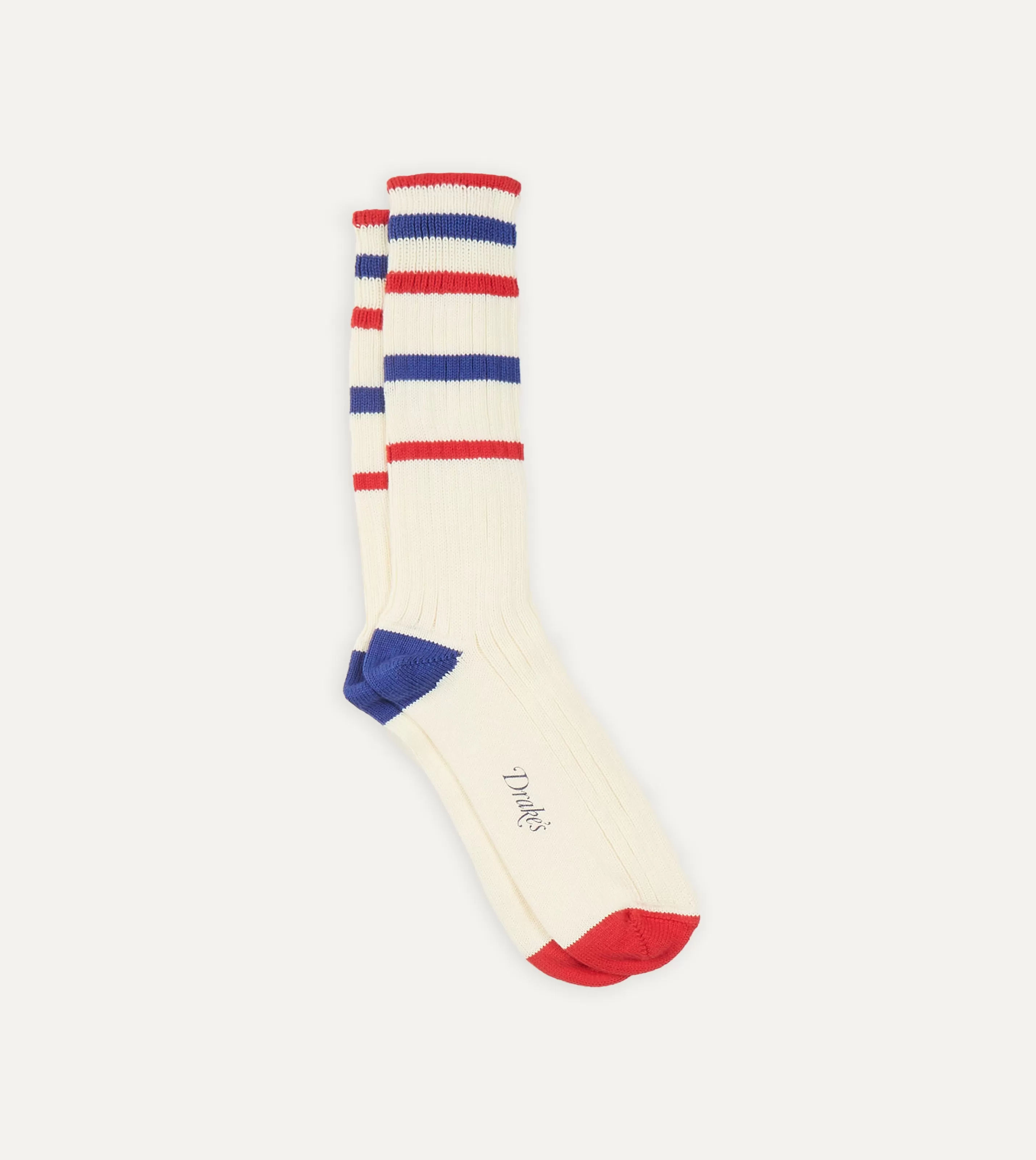 Drake’s Socks | Ecru, Red And Navy Striped Sport Socks