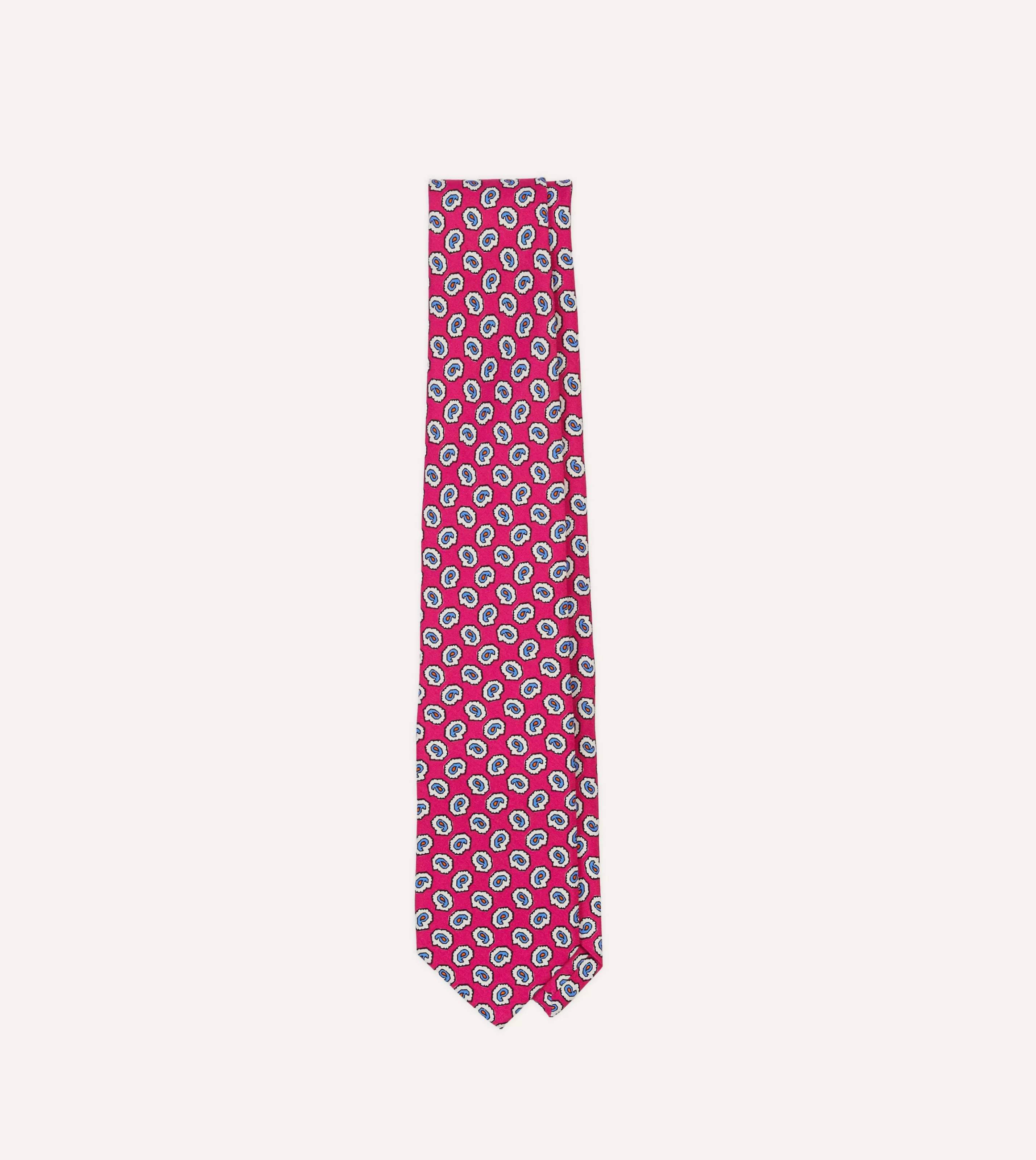 Drake’s Patterned Ties | Small Paisley Leaf Print Silk Self Tipped Tie Fuchsia