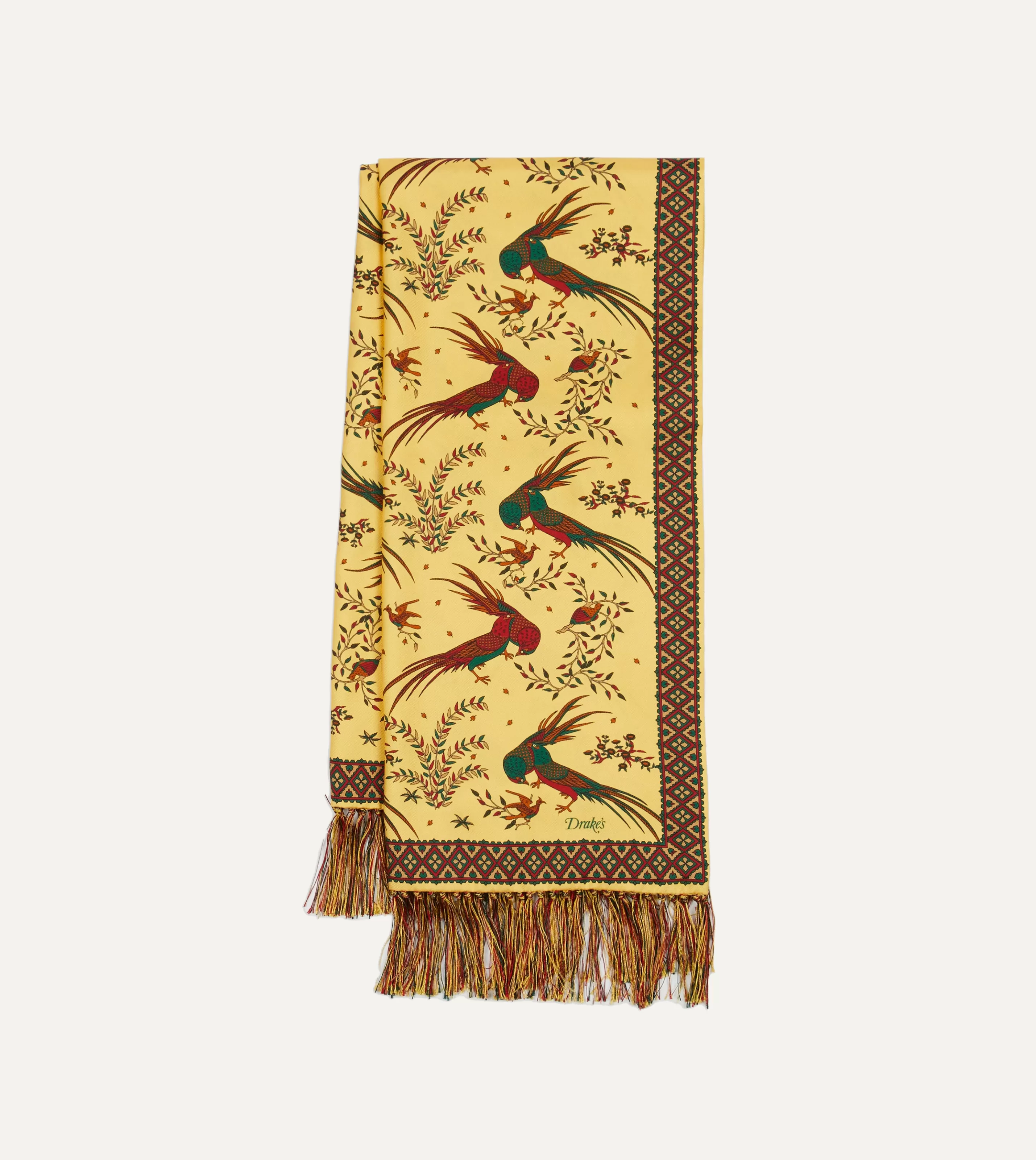 Drake’s Scarves | Birds Of Paradise Print Tubular Silk Tasselled Scarf Gold