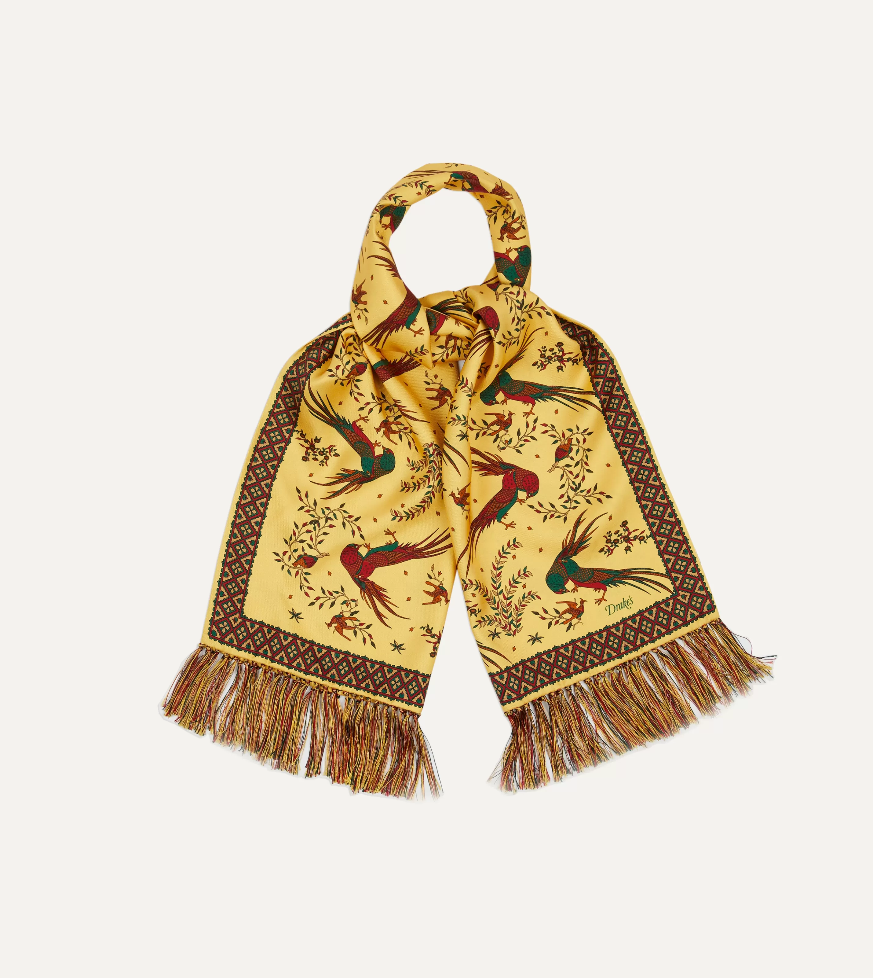 Drake’s Scarves | Birds Of Paradise Print Tubular Silk Tasselled Scarf Gold