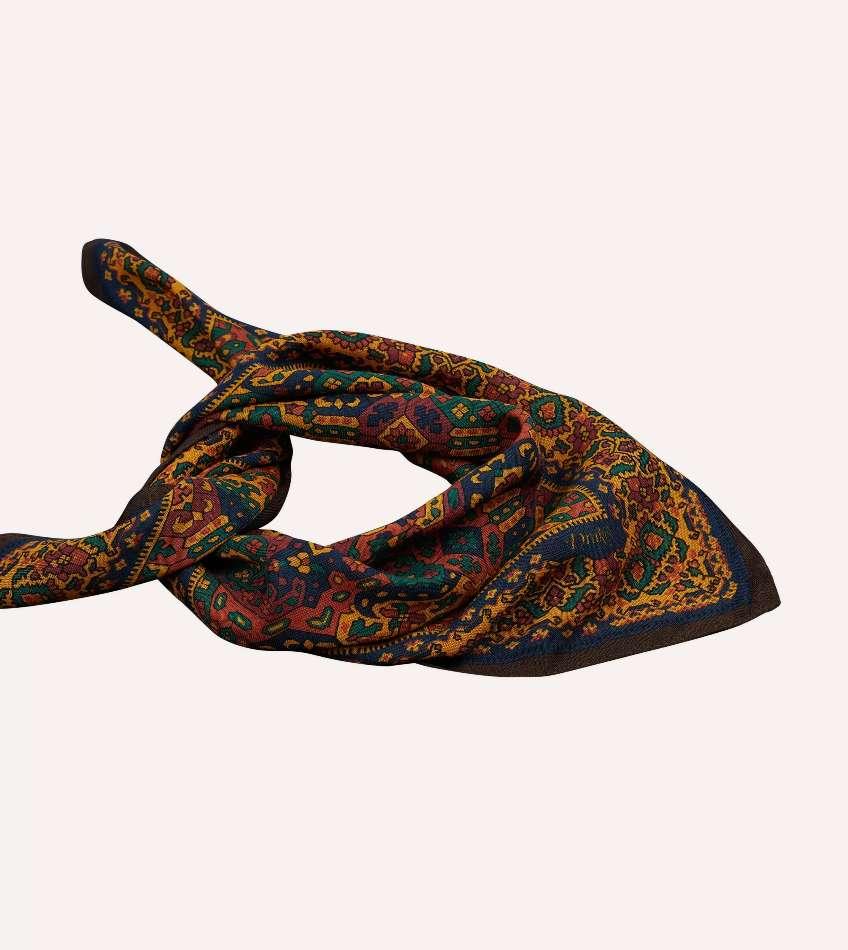 Drake’s Bandanas | Gold Tapestry Print Wool-Silk Bandana